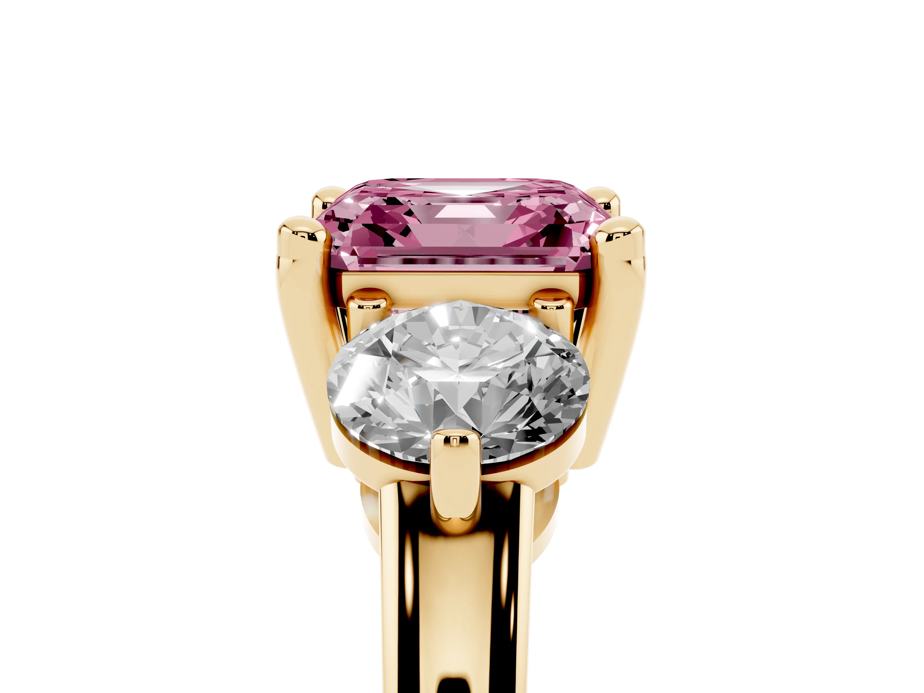 Fancy Pink Asscher Cut Diamond Three-Stone Ring Set in Yellow gold with Prong Setting and Classic Band