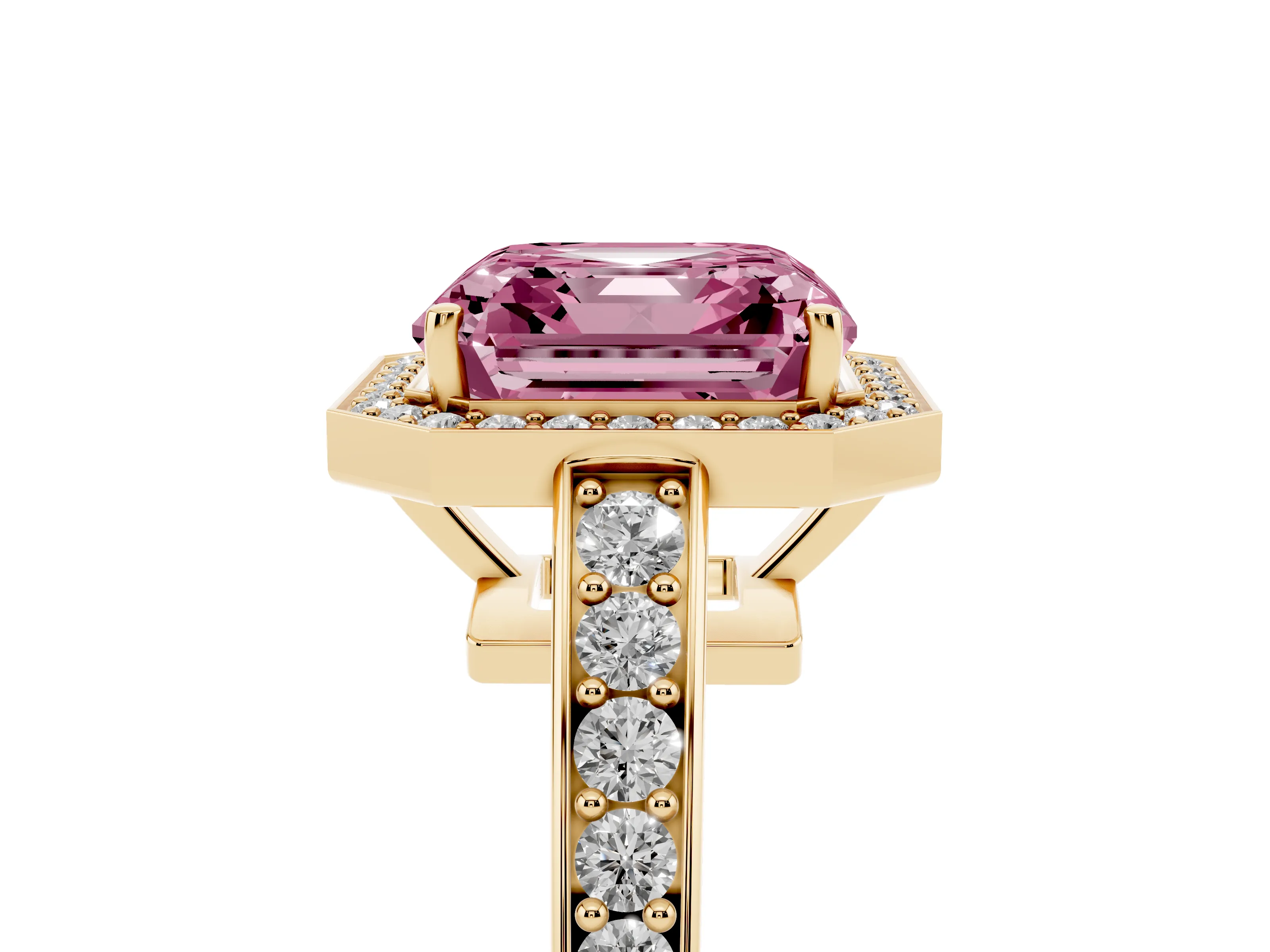 Fancy Pink Asscher Cut Diamond Halo Pavé Engagement Ring Set in Yellow gold with Bezel Setting