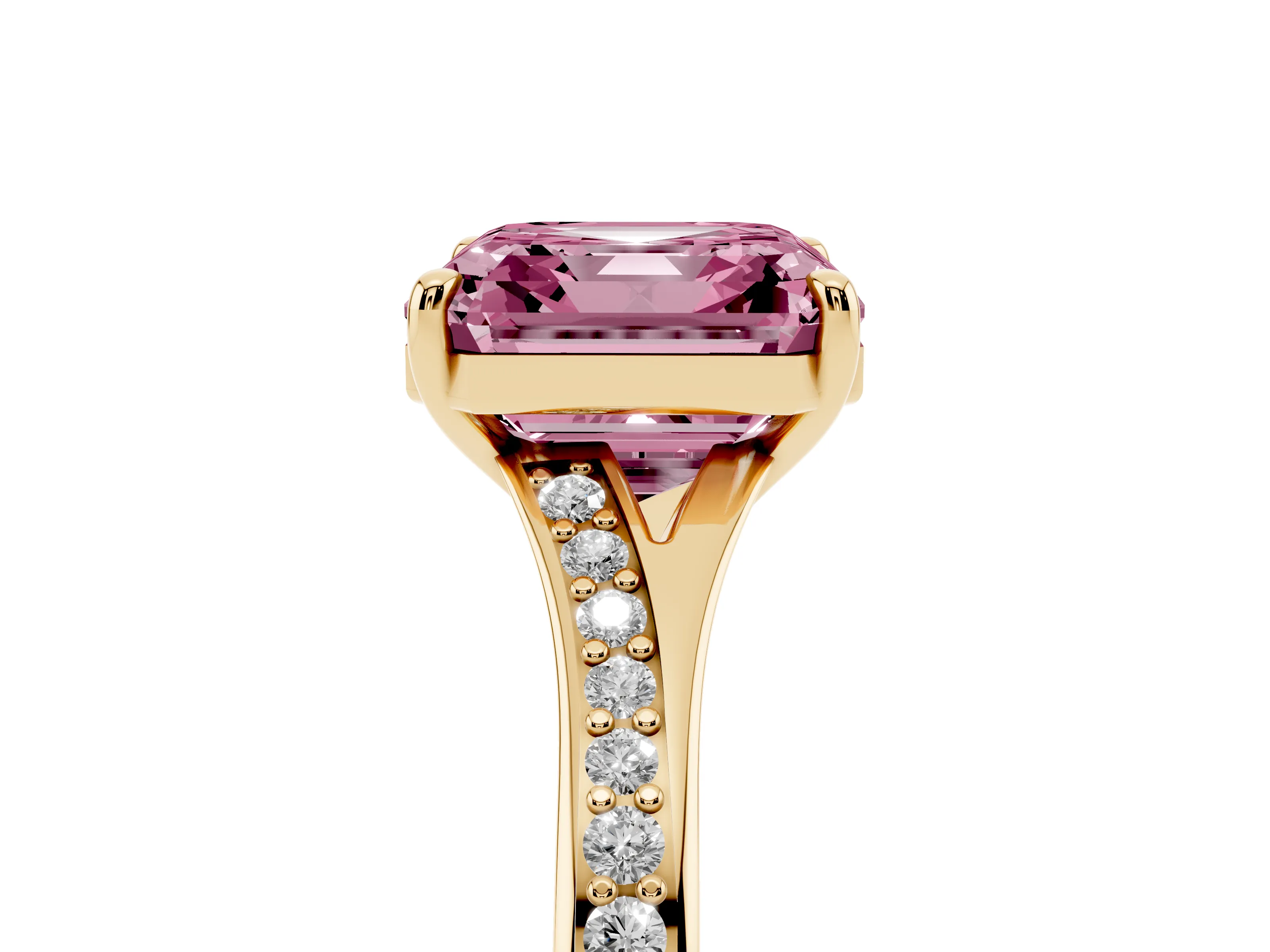 Fancy Pink Asscher Cut Diamond Solitaire Ring Set in Yellow gold with Pavé Accent Band and Classic Prong Setting