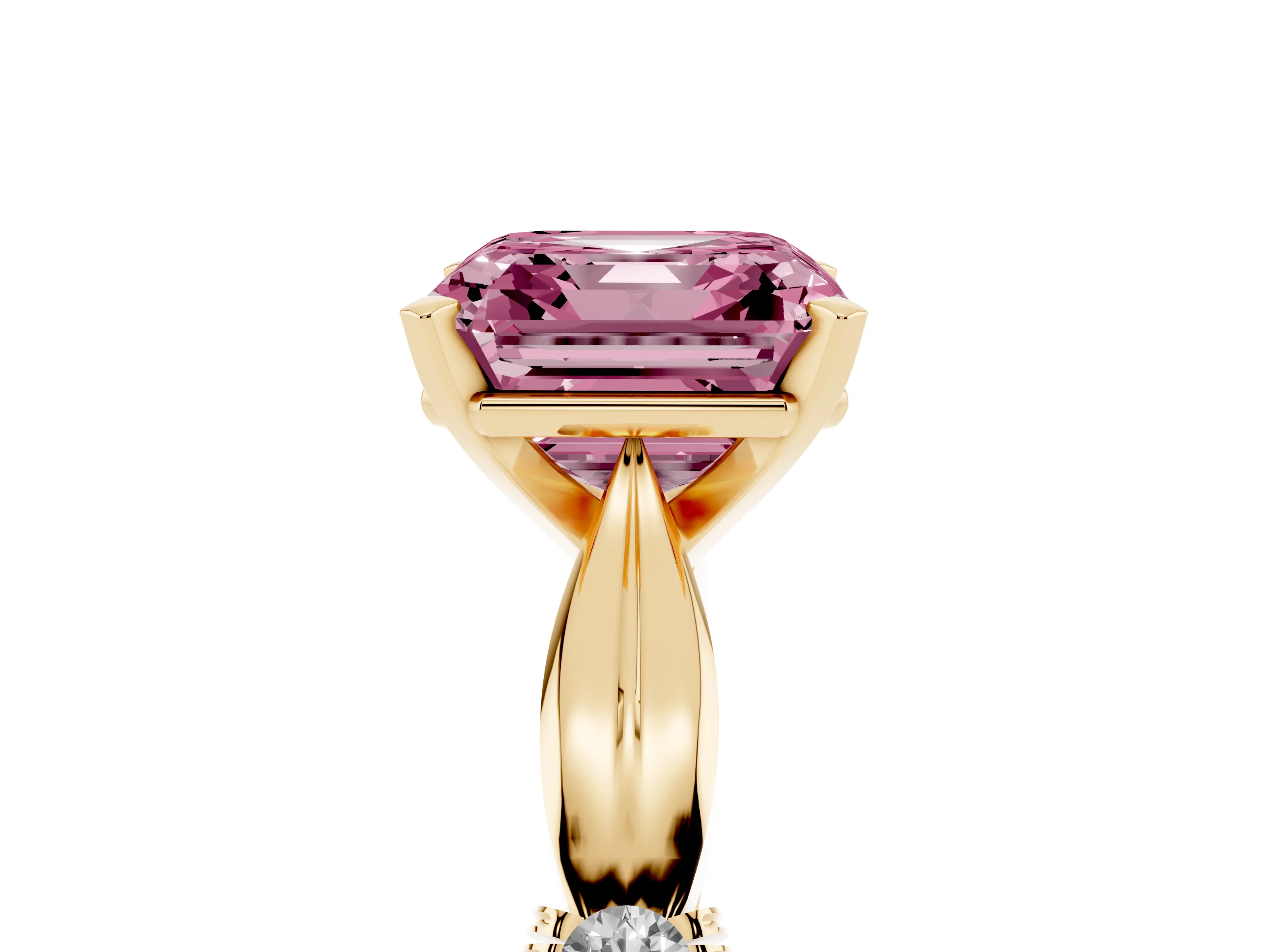 Fancy Pink Asscher Cut Diamond Solitaire Twisted Band Ring Set in Yellow gold with Accent Stones and Prong Setting