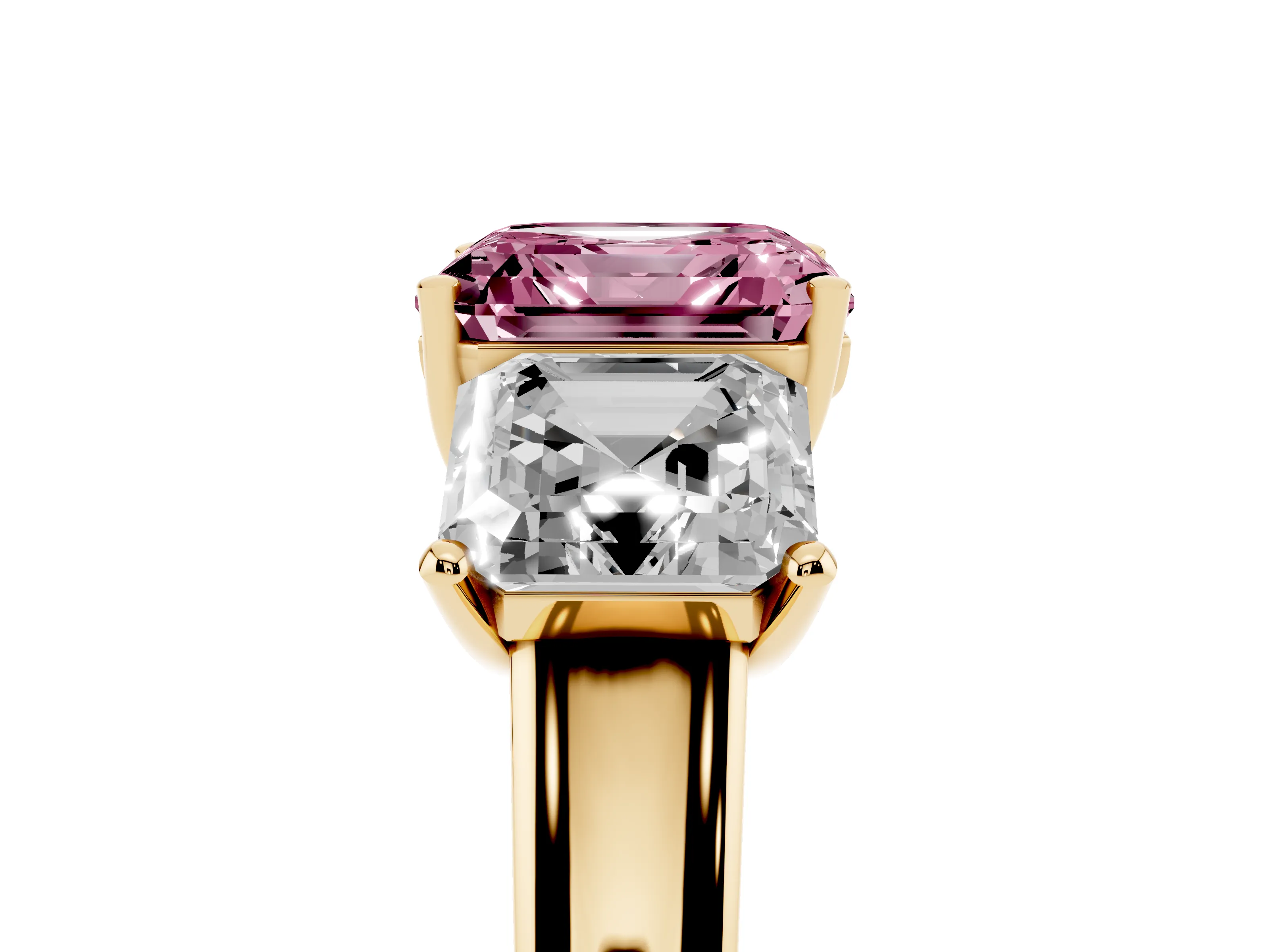 Fancy Pink Asscher Cut Diamond Three-Stone Ring Set in Yellow gold with Classic Prong Setting and Plain Band