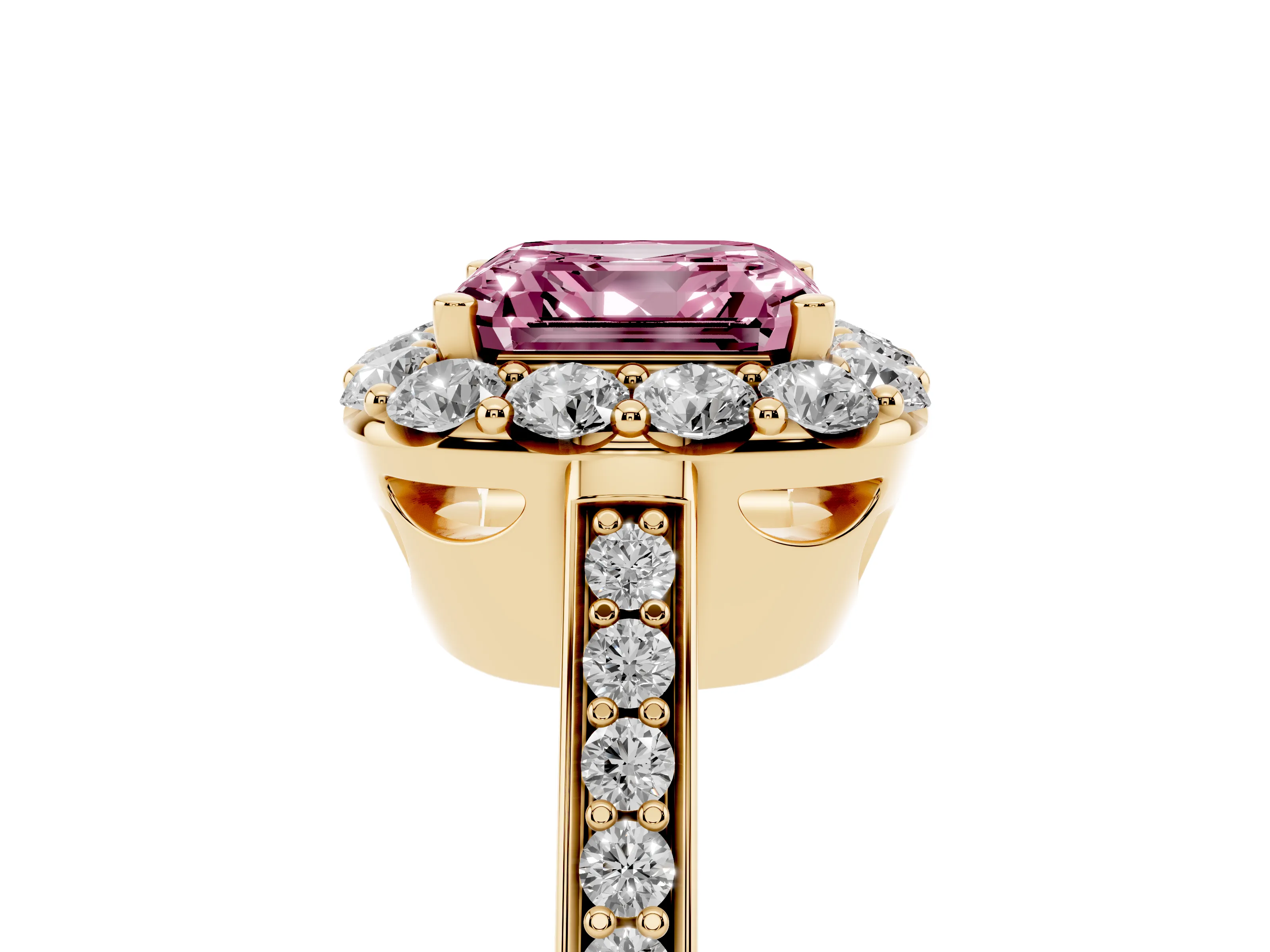 Fancy Pink Asscher Cut Diamond Floral Halo Ring Set in Yellow gold with Pavé Band and Prong Setting