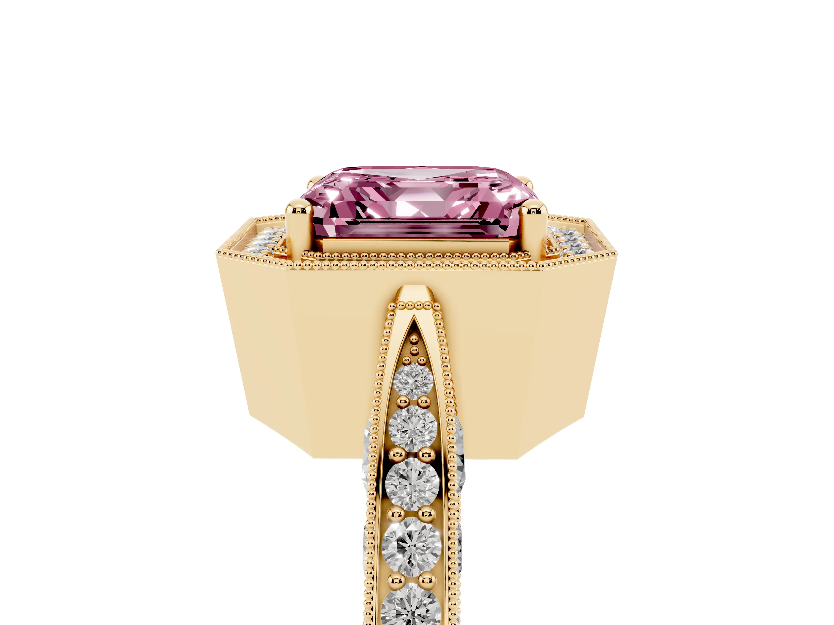 Fancy Pink Asscher Cut Diamond Halo Engagement Ring Set in Yellow gold with Accent Split Shank Band