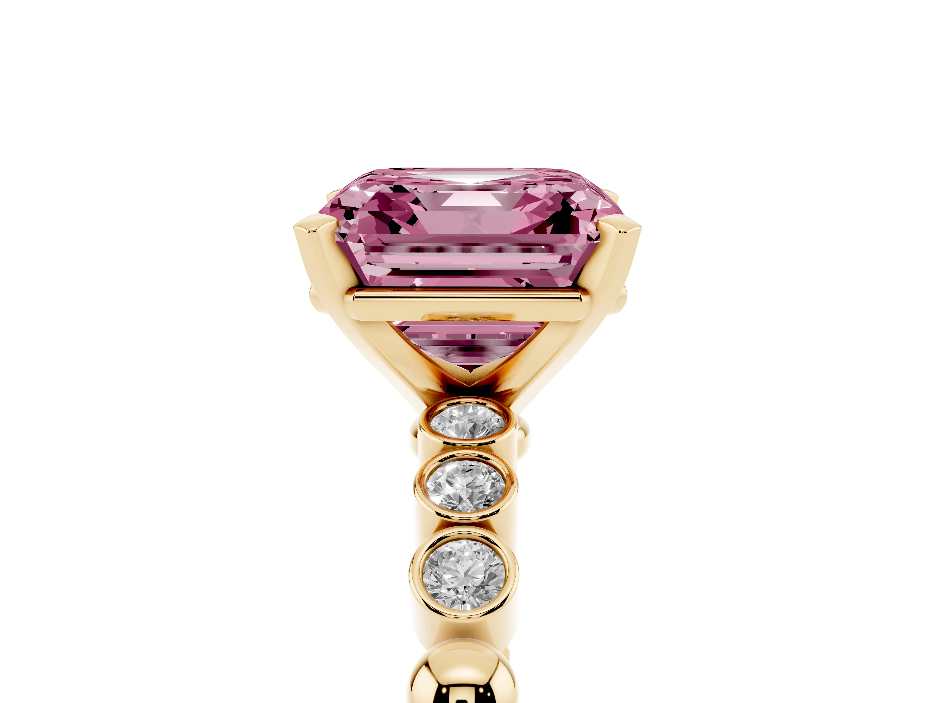 Fancy Pink Asscher Cut Diamond Solitaire Engagement Ring Set in Yellow gold with Bezel Accents on Beaded Band