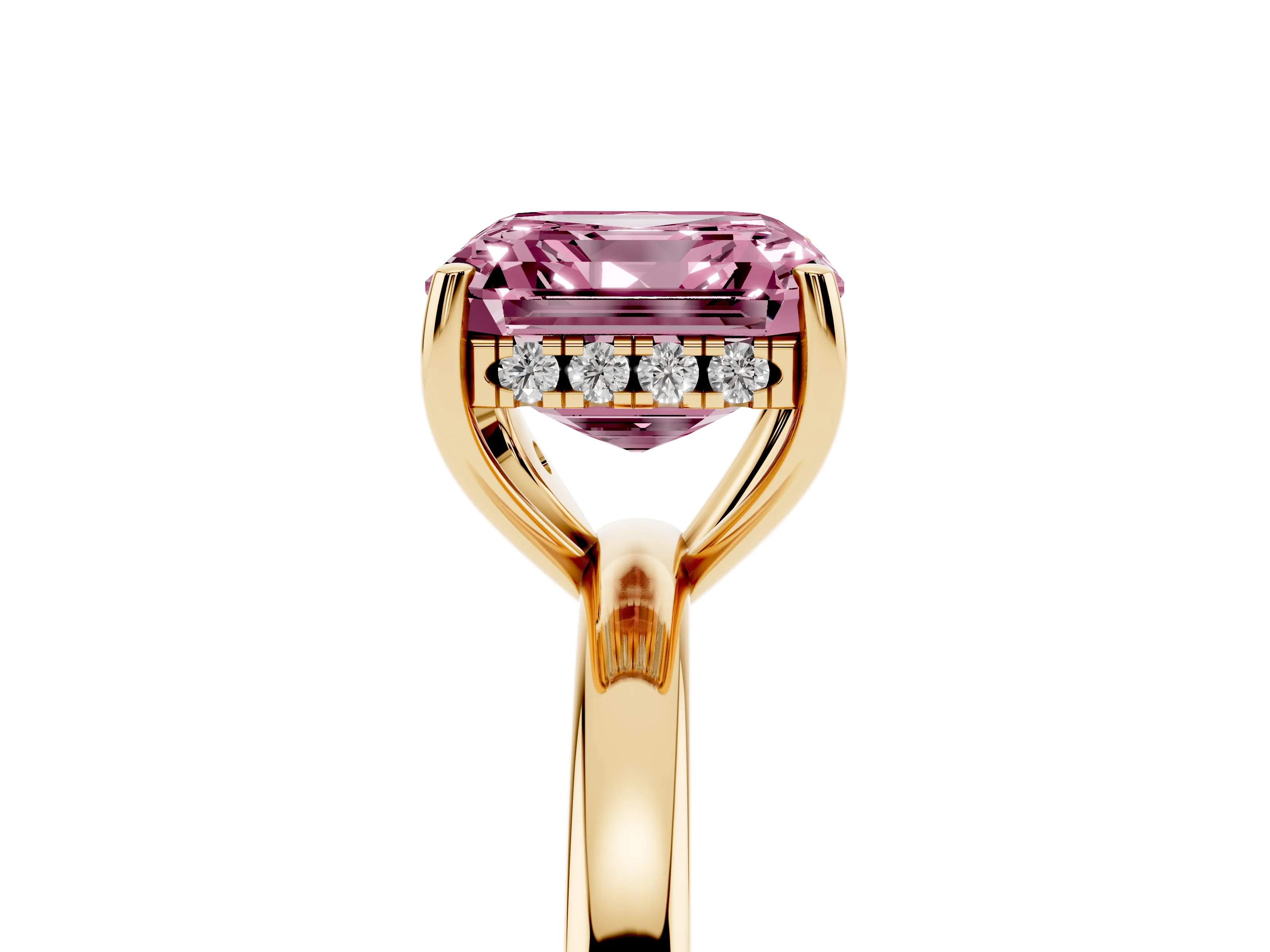 Fancy Pink Asscher Cut Diamond Solitaire Ring Set in Yellow gold with Plain Band and Prong Setting