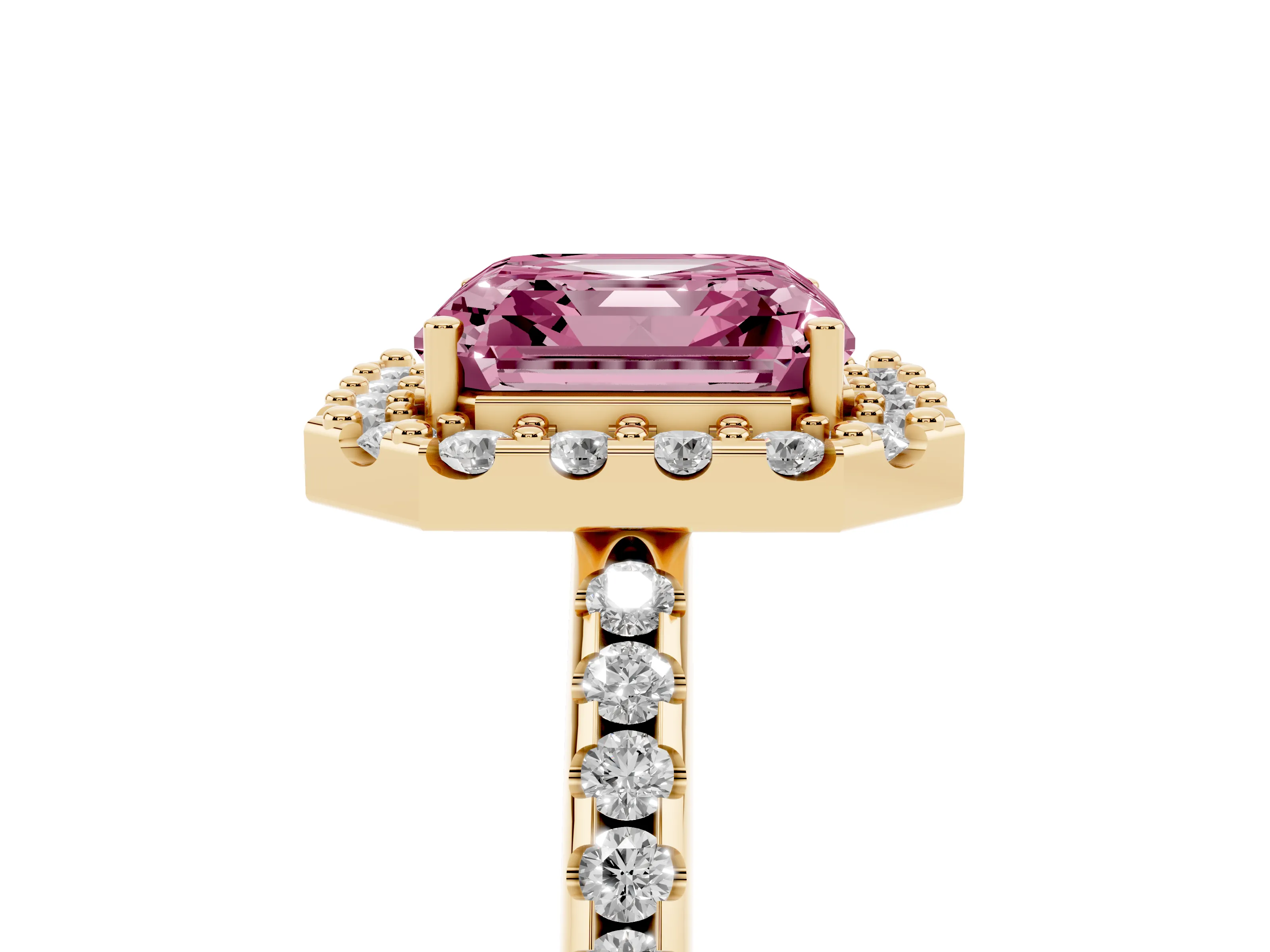 Fancy Pink Asscher Cut Diamond Pavé Halo Ring Set in Yellow gold with Prong Setting