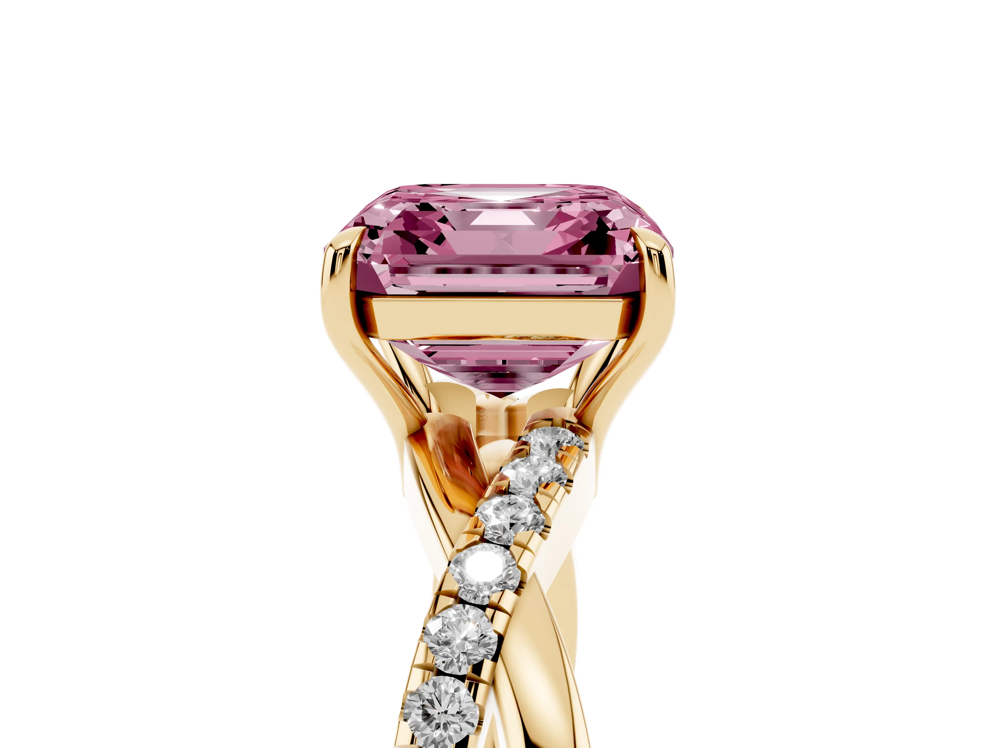 Fancy Pink Asscher Cut Diamond Twisted Pavé Band Ring Set in Yellow gold with Prong Setting