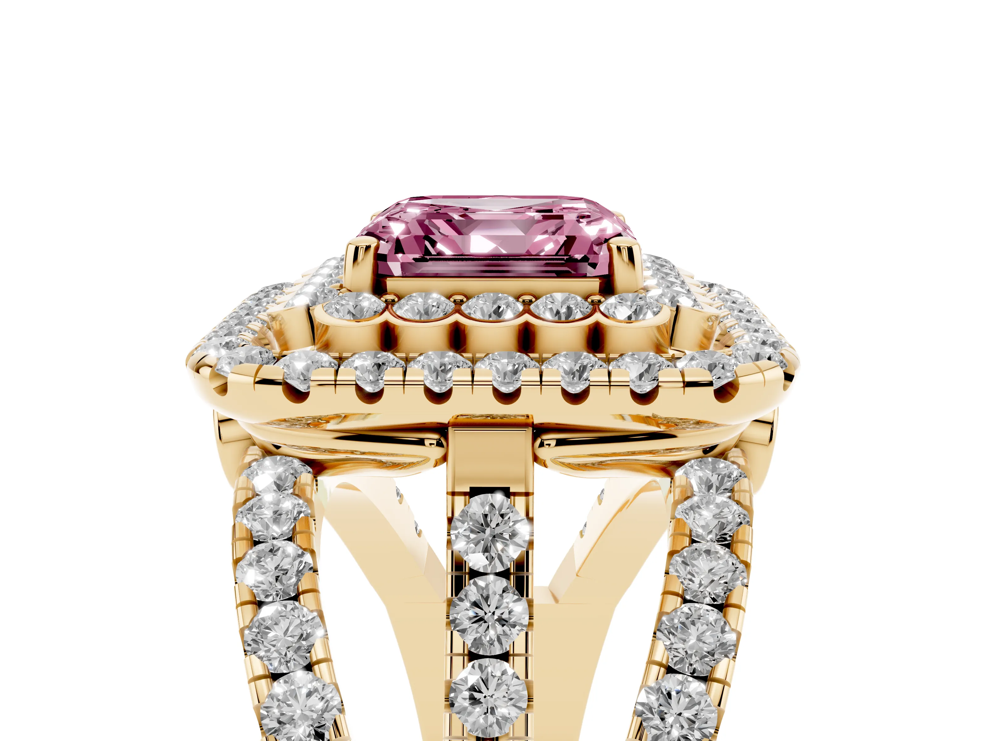 Fancy Pink Asscher Cut Diamond Double Halo Ring Set in Yellow gold with Round Pavé Split Shank