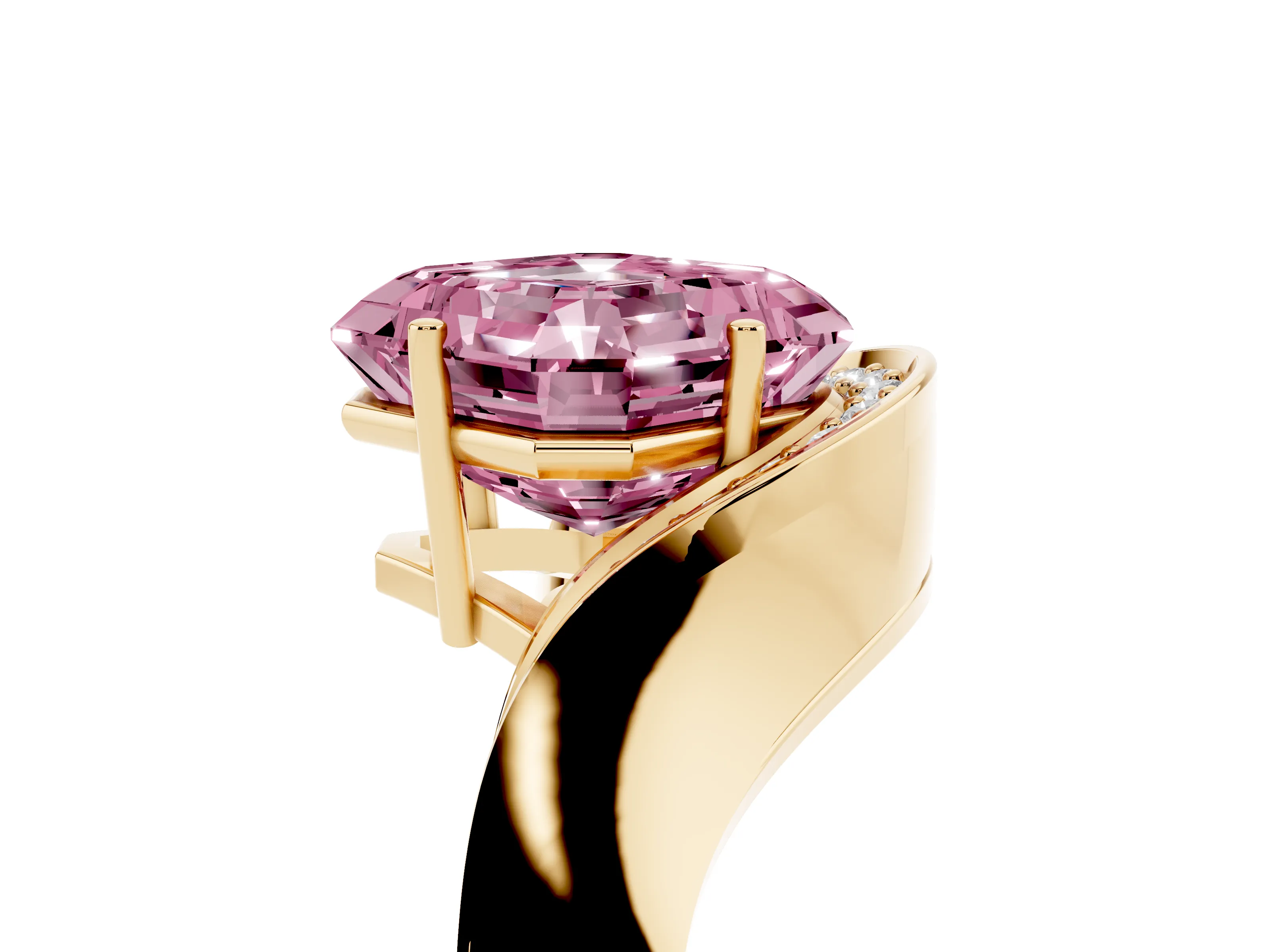 Fancy Pink Asscher Cut Diamond Solitaire Engagement Ring Set in Yellow gold with Pavé Shoulders