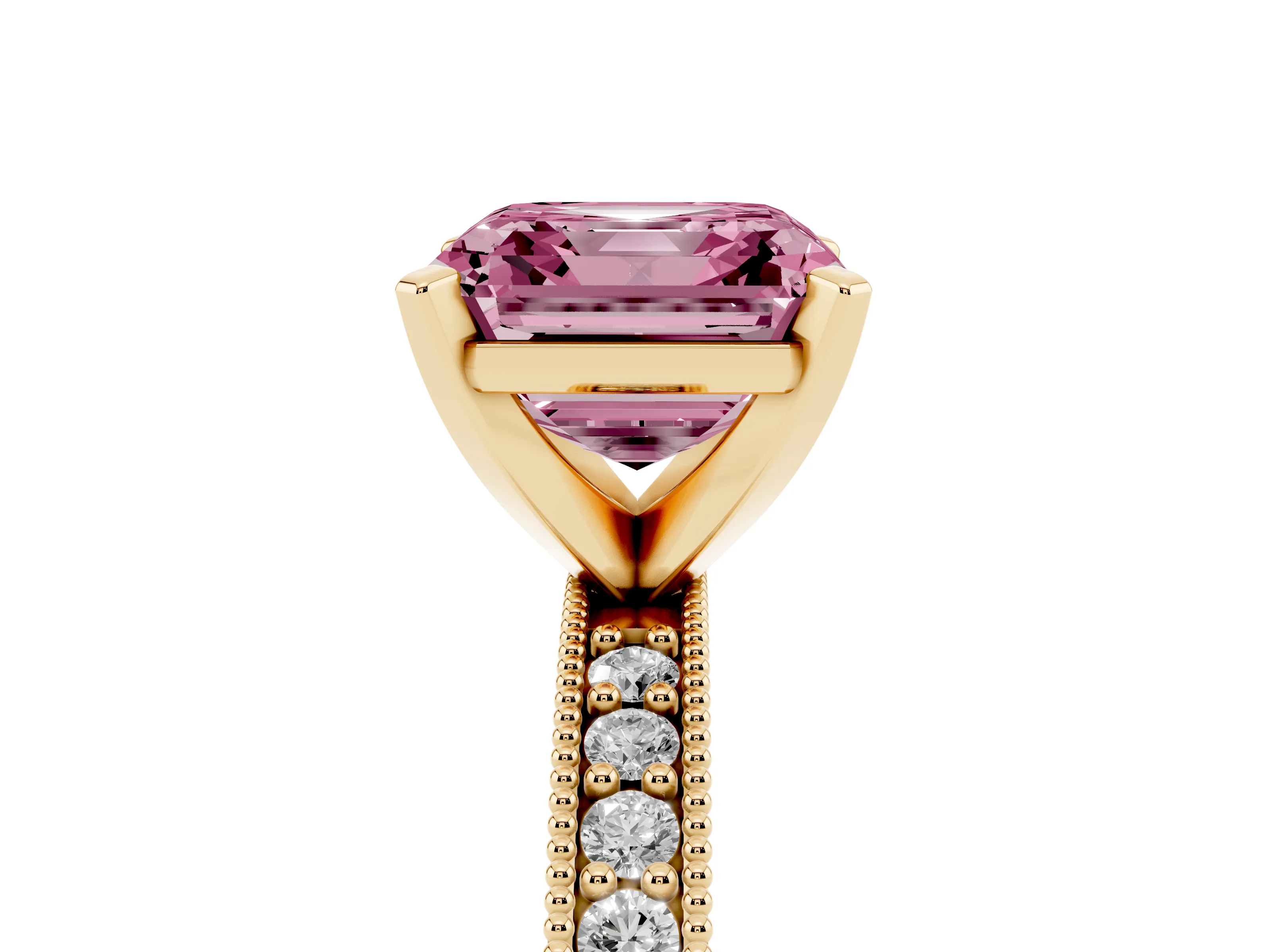 Fancy Pink Asscher Cut Diamond Milgrain Pavé Engagement Ring Set in Yellow gold with Prong Setting