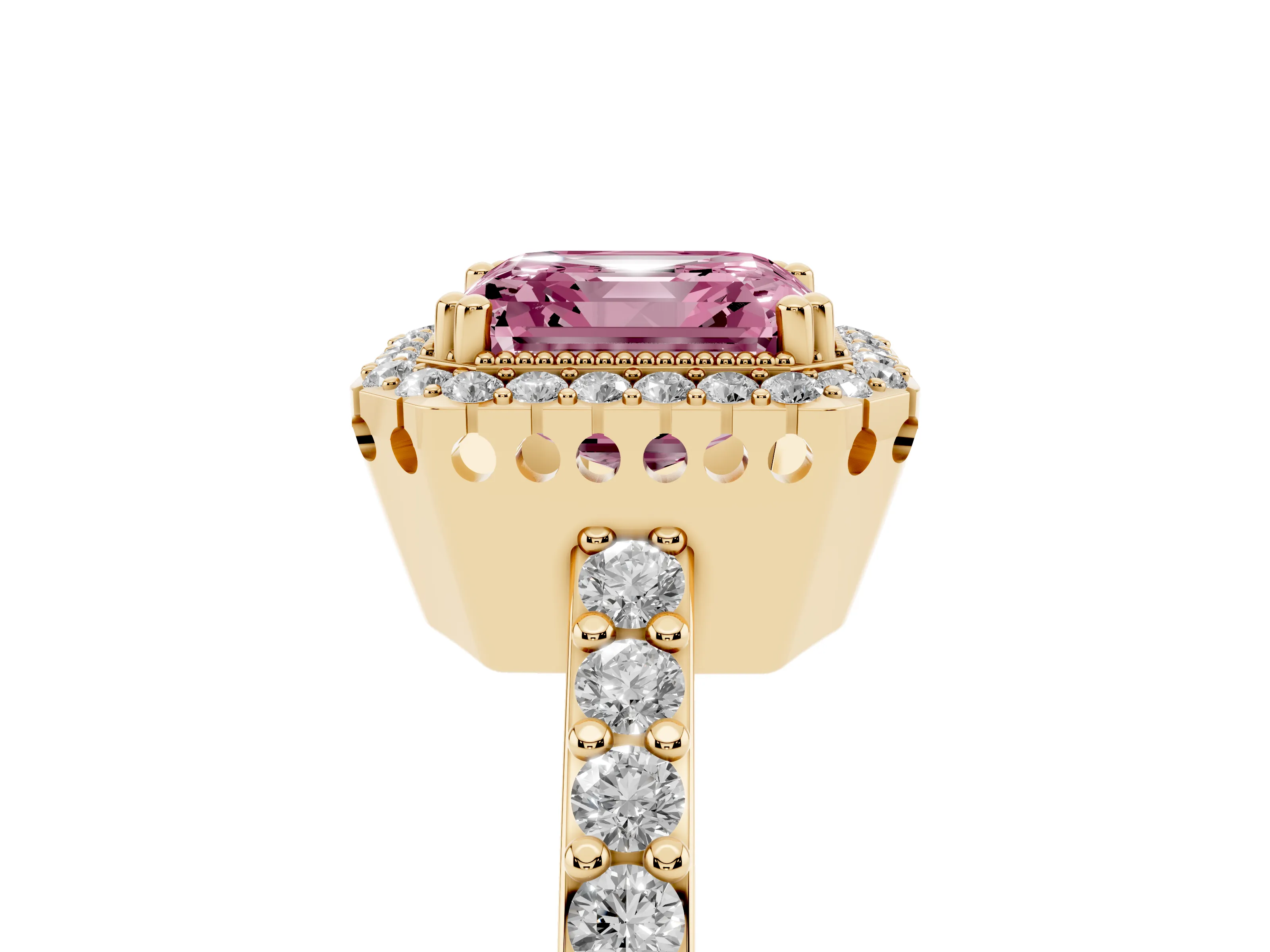 Fancy Pink Asscher Cut Diamond Halo Engagement Ring Set in Yellow gold with Milgrain Detail and Pavé Band