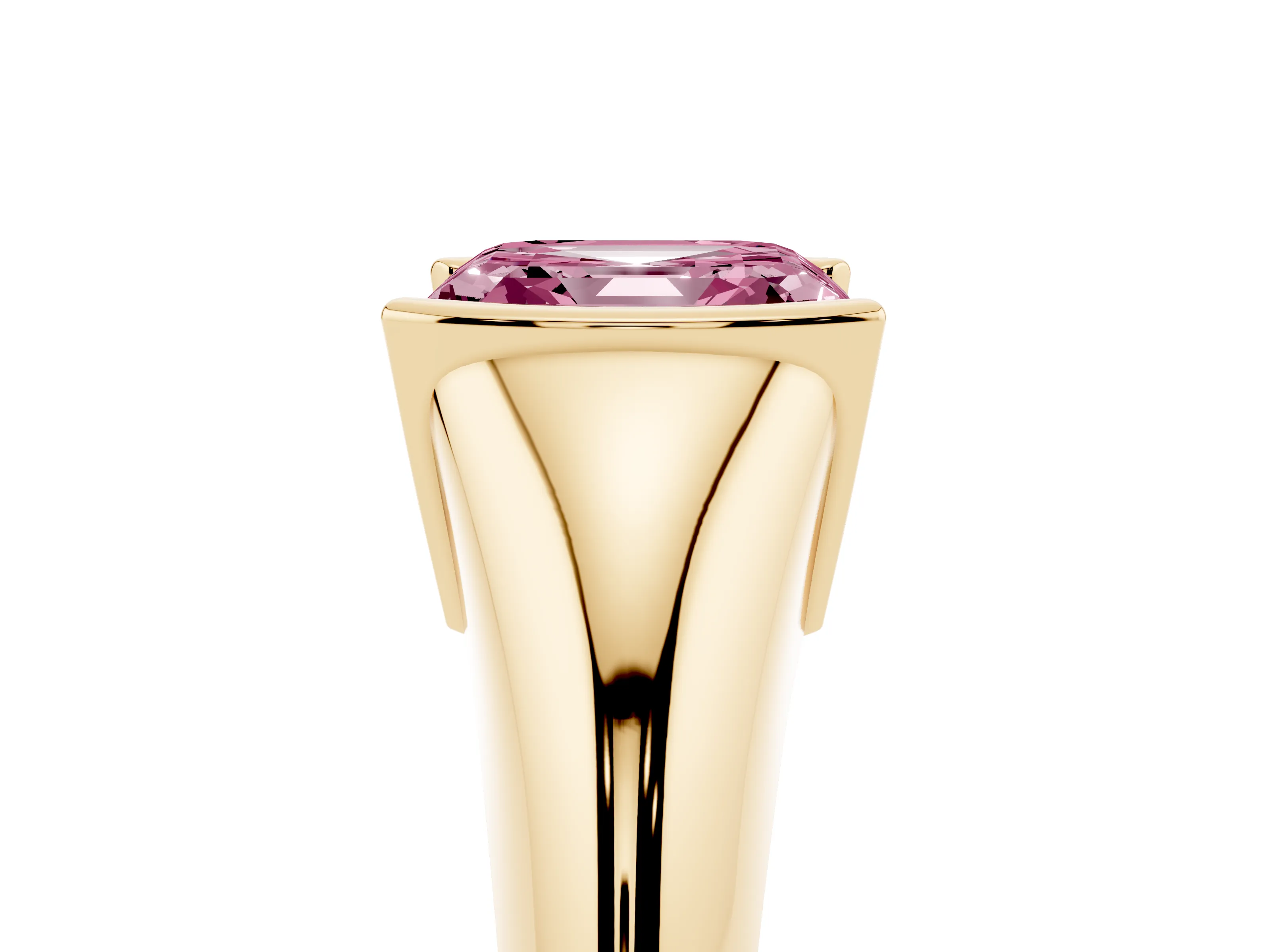 Fancy Pink Asscher Cut Diamond Solitaire Tension Set Ring Set in Yellow gold