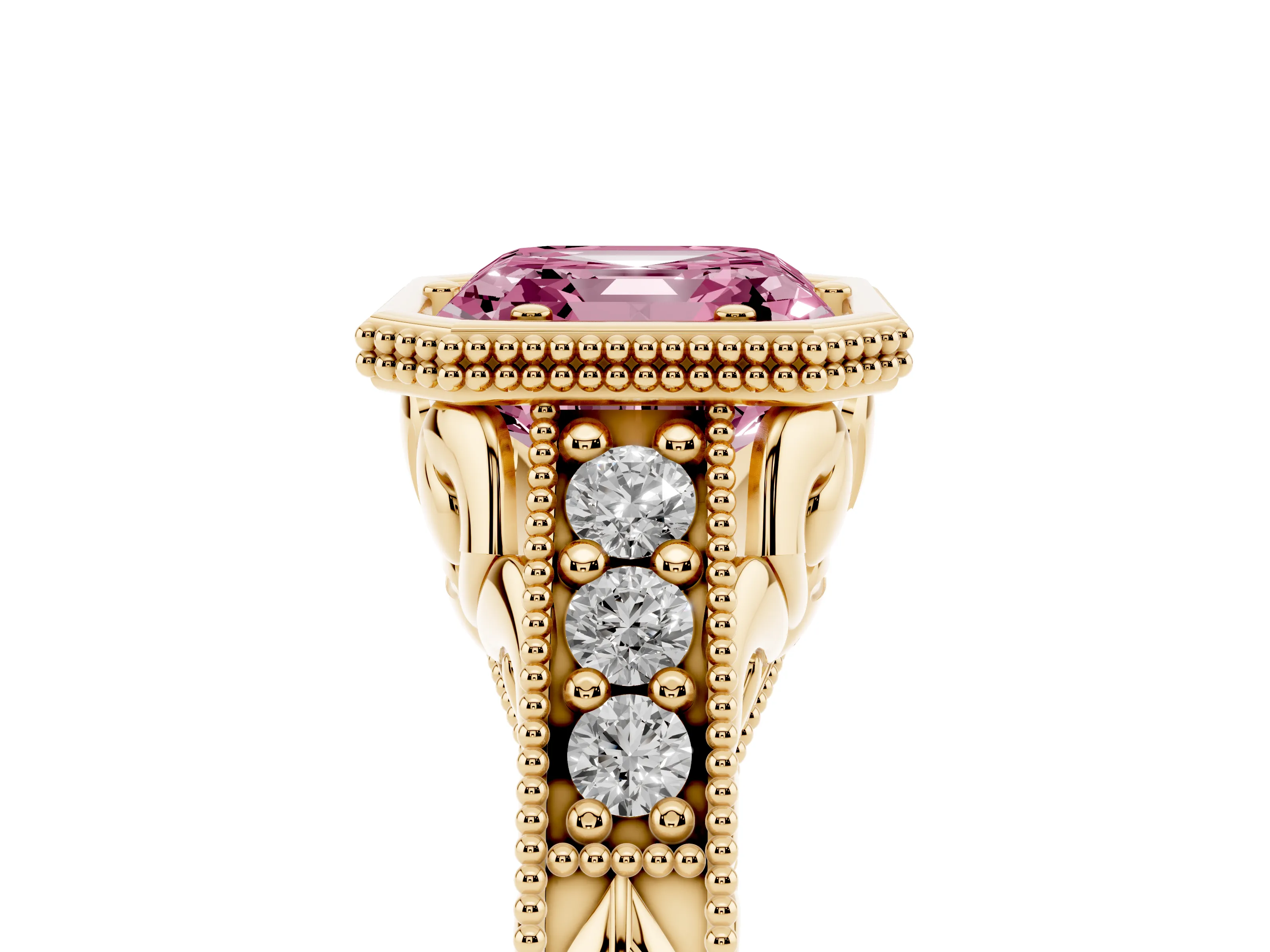 Fancy Pink Bezel Set Asscher Cut Diamond Milgrain Pavé Engagement Ring Set in Yellow gold