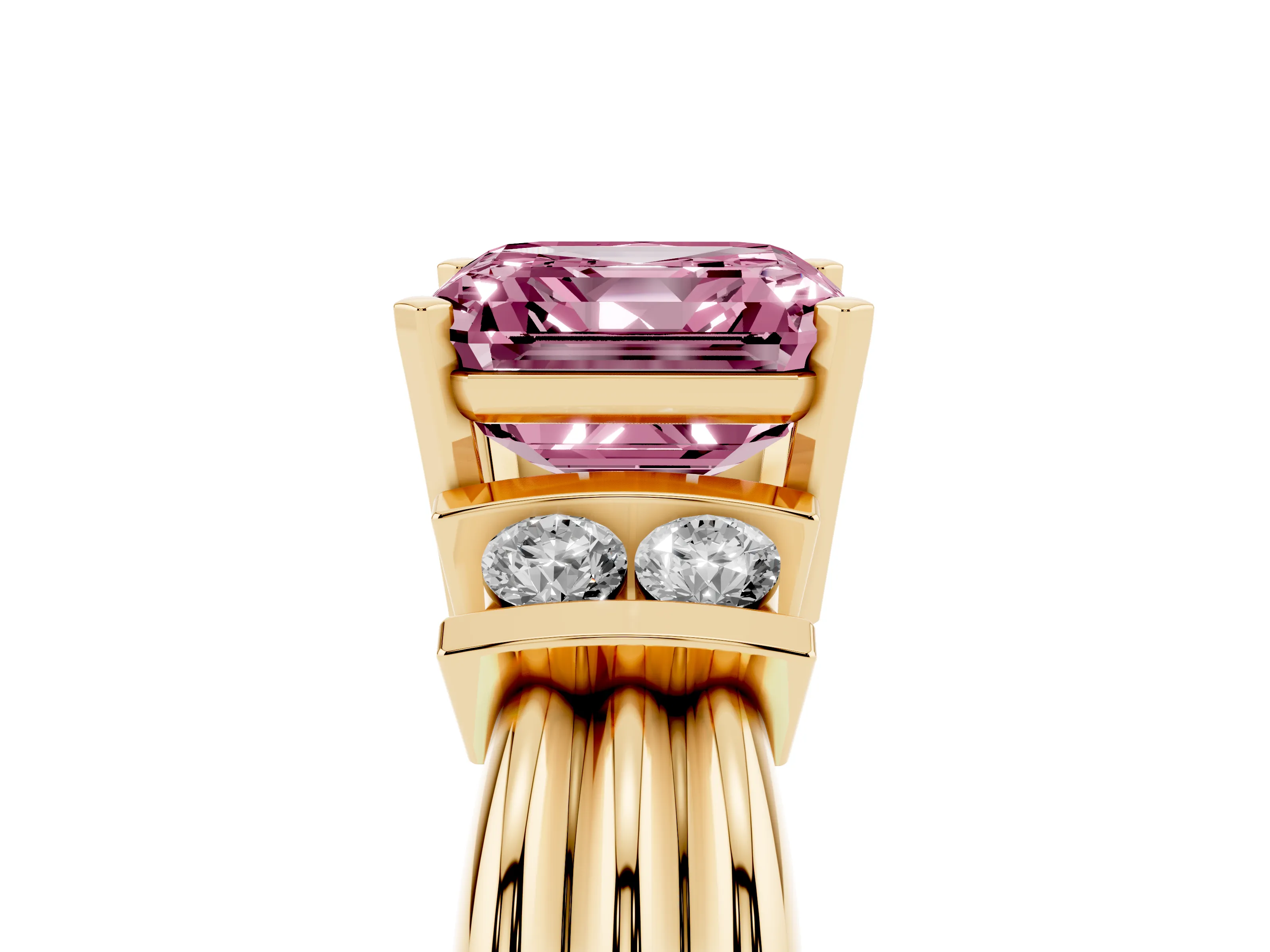 Fancy Pink Three-Stone Asscher Cut Diamond Channel Set Ring Set in Yellow gold with Bar Prongs