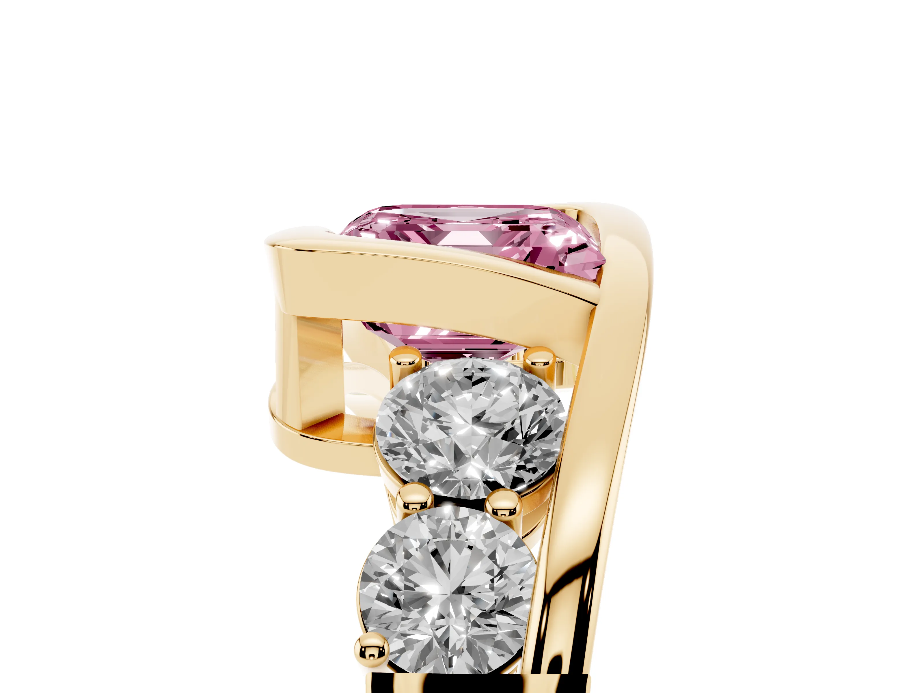 Fancy Pink Asscher Cut Diamond Bezel Bypass Ring Set in Yellow gold with Round Accents