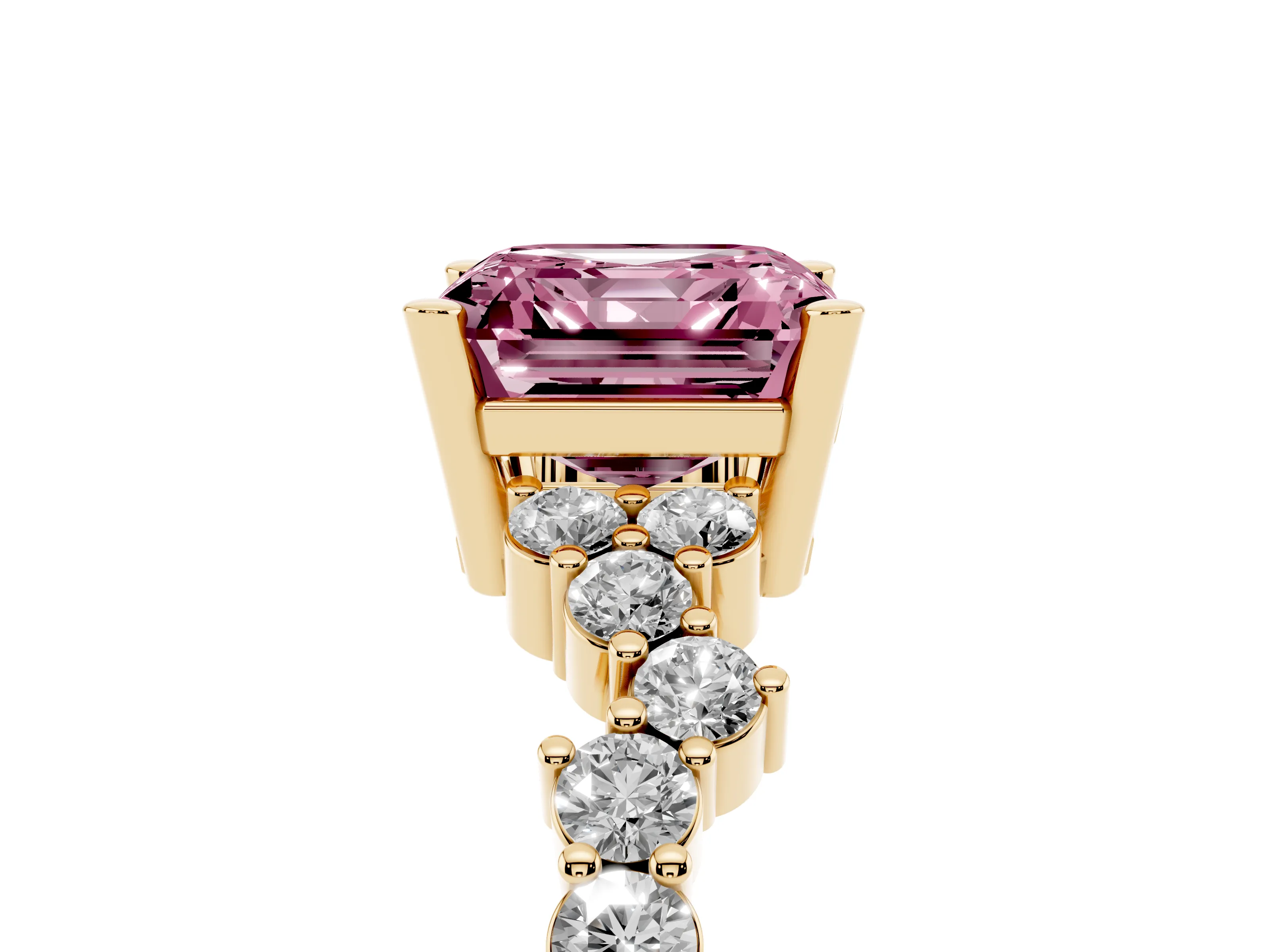 Fancy Pink Asscher Cut Diamond Ring Set in Yellow gold with Scattered Round Accents