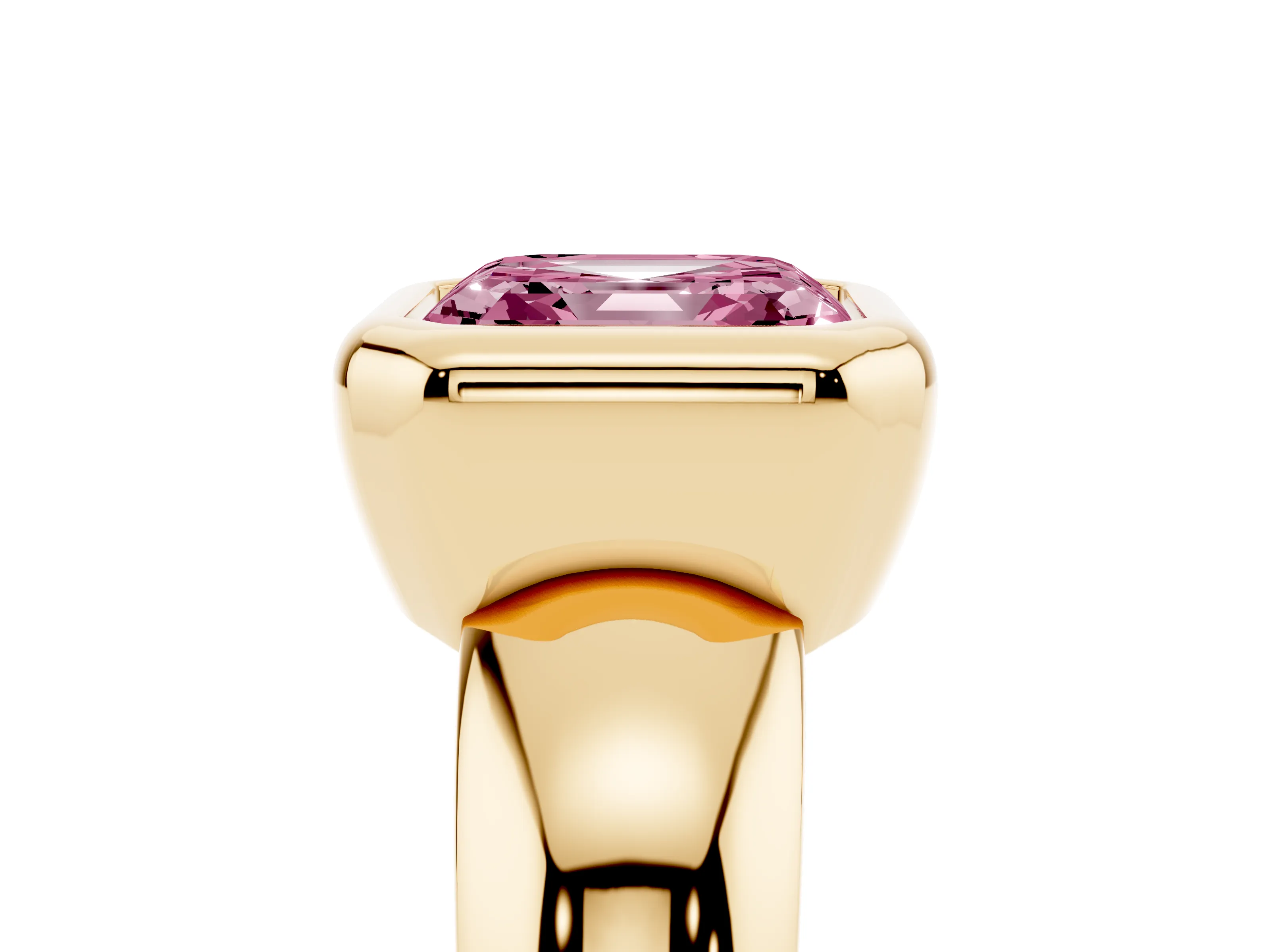 Fancy Pink Bezel Set Asscher Cut Diamond Solitaire Ring Set in Yellow gold with Wide Band