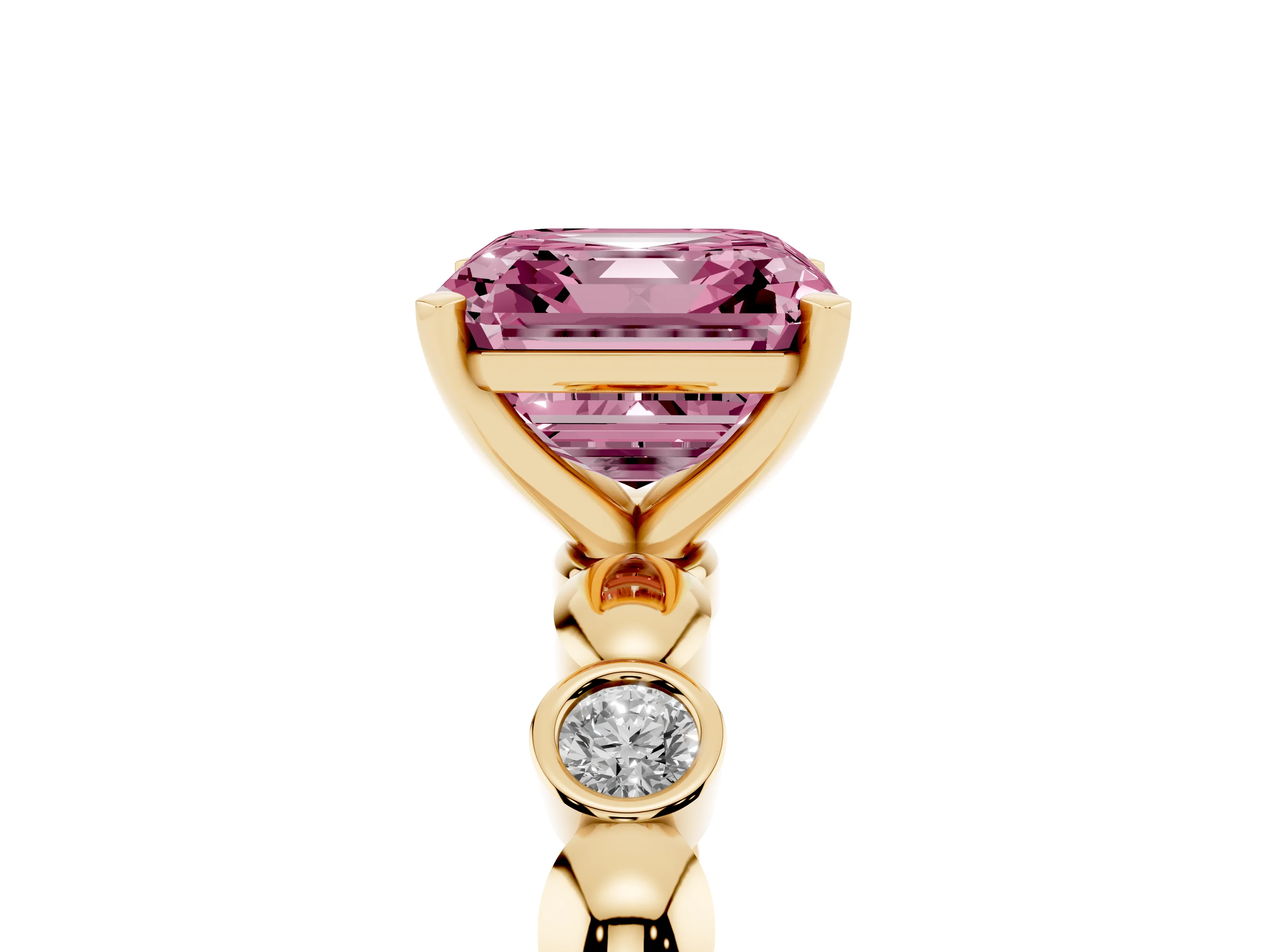Fancy Pink Asscher Cut Diamond Solitaire Ring Set in Yellow gold with Bezel-Set Accents on Beaded Band and Prong Setting