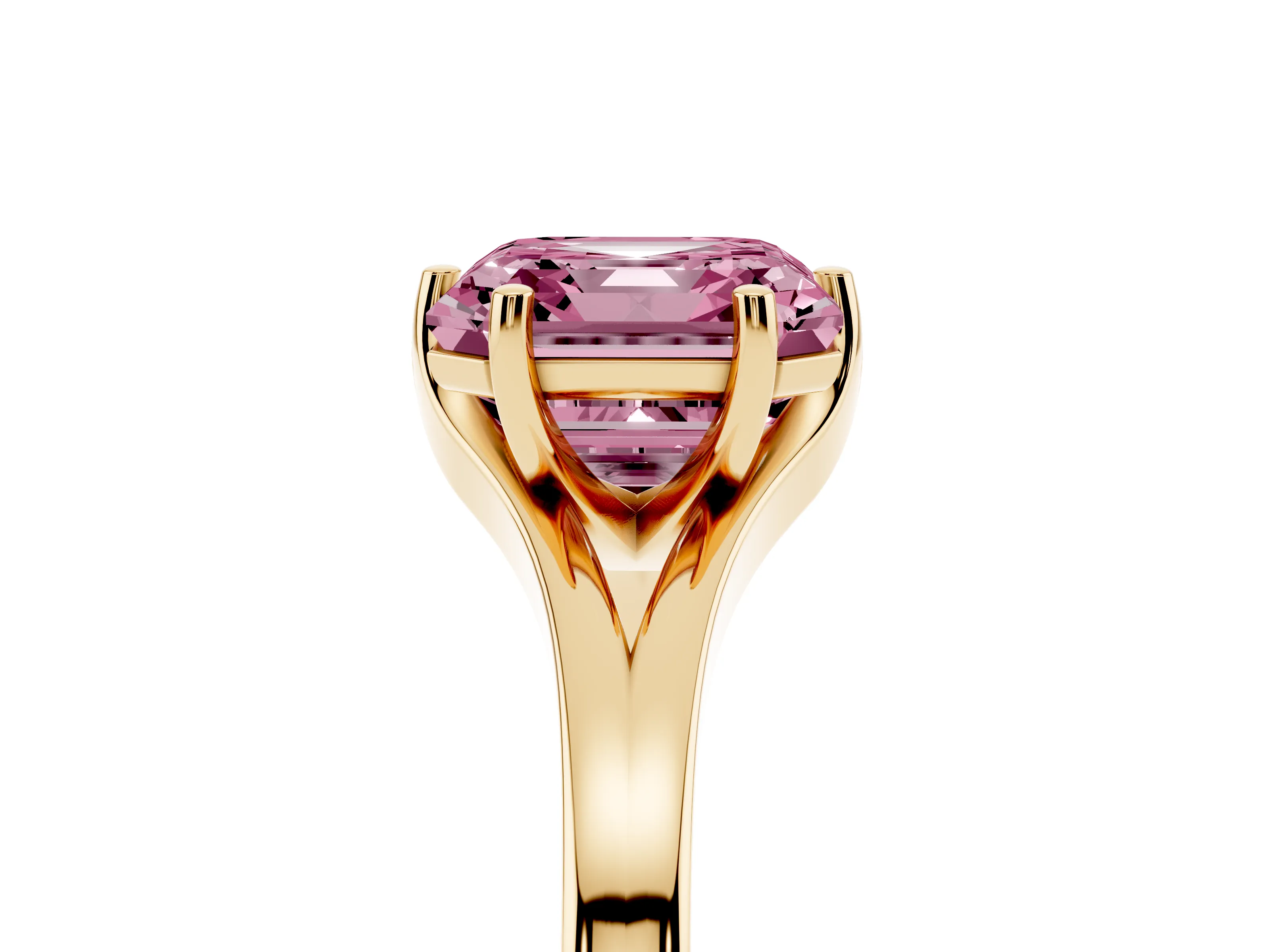 Fancy Pink Asscher Cut Diamond Solitaire Ring Set in Yellow gold with Polished Tapered Band and Prong Setting