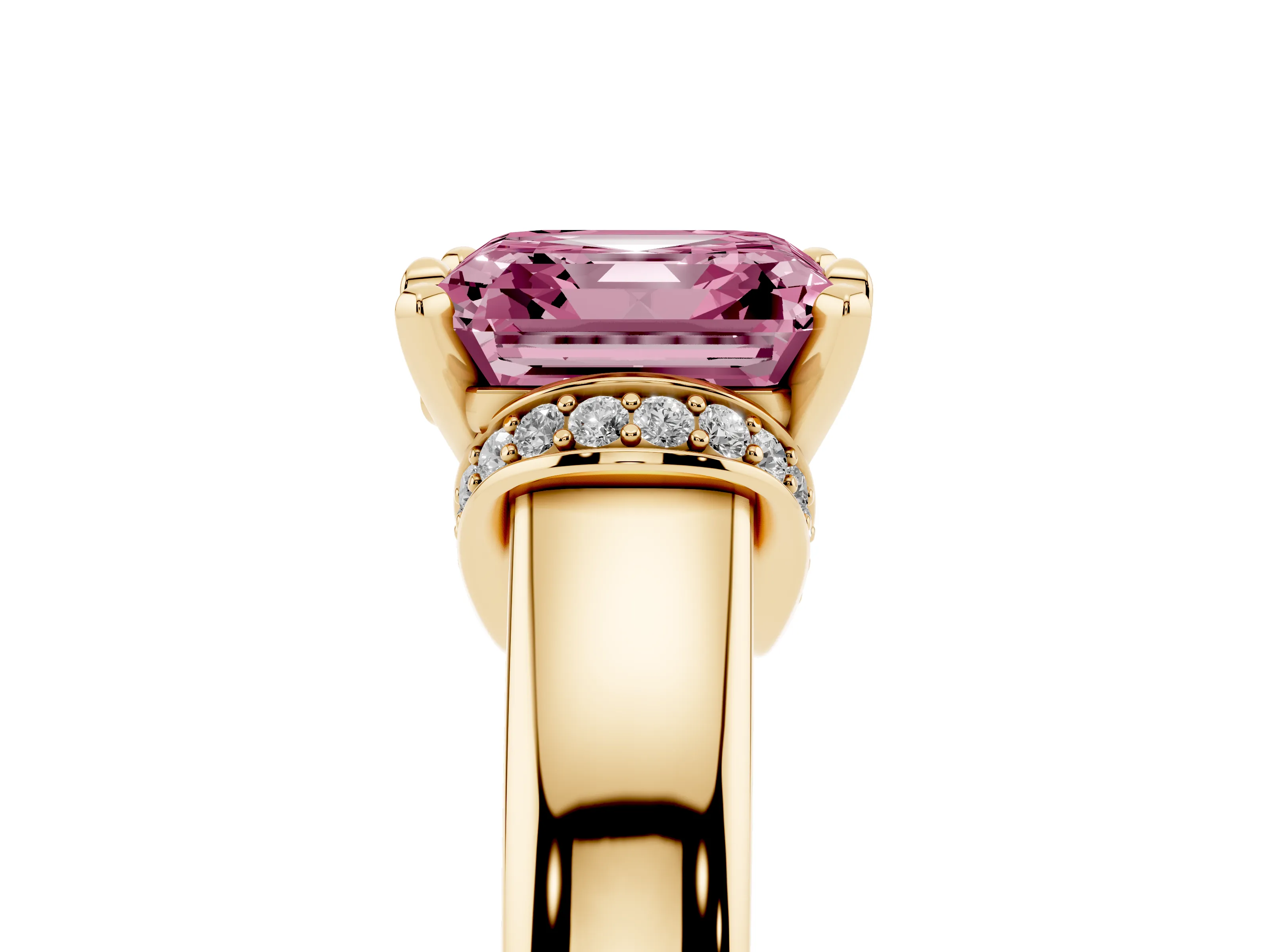 Fancy Pink Asscher Cut Diamond Pavé Band Solitaire Ring Set in Yellow gold with Prong Setting