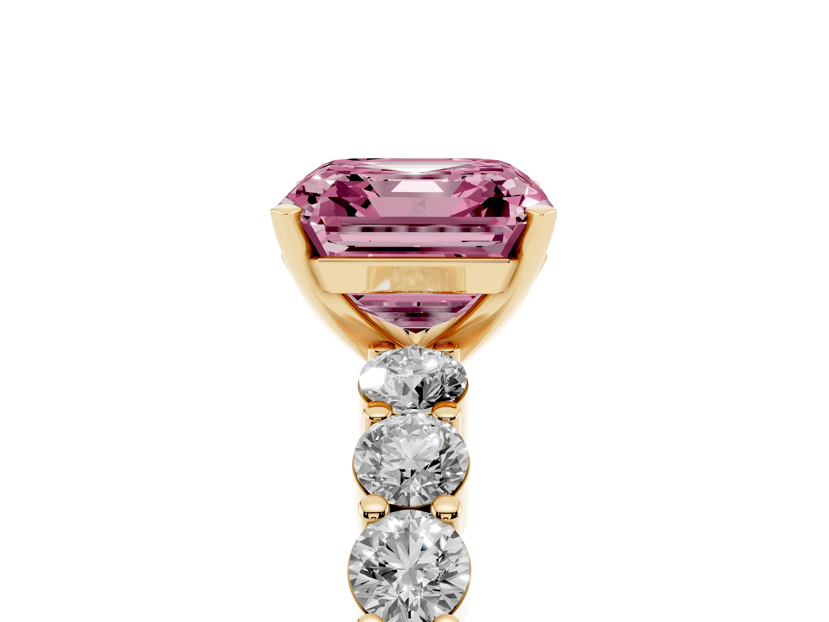 Fancy Pink Asscher Cut Diamond Solitaire Ring Set in Yellow gold with Shared Prong Round Side Stones