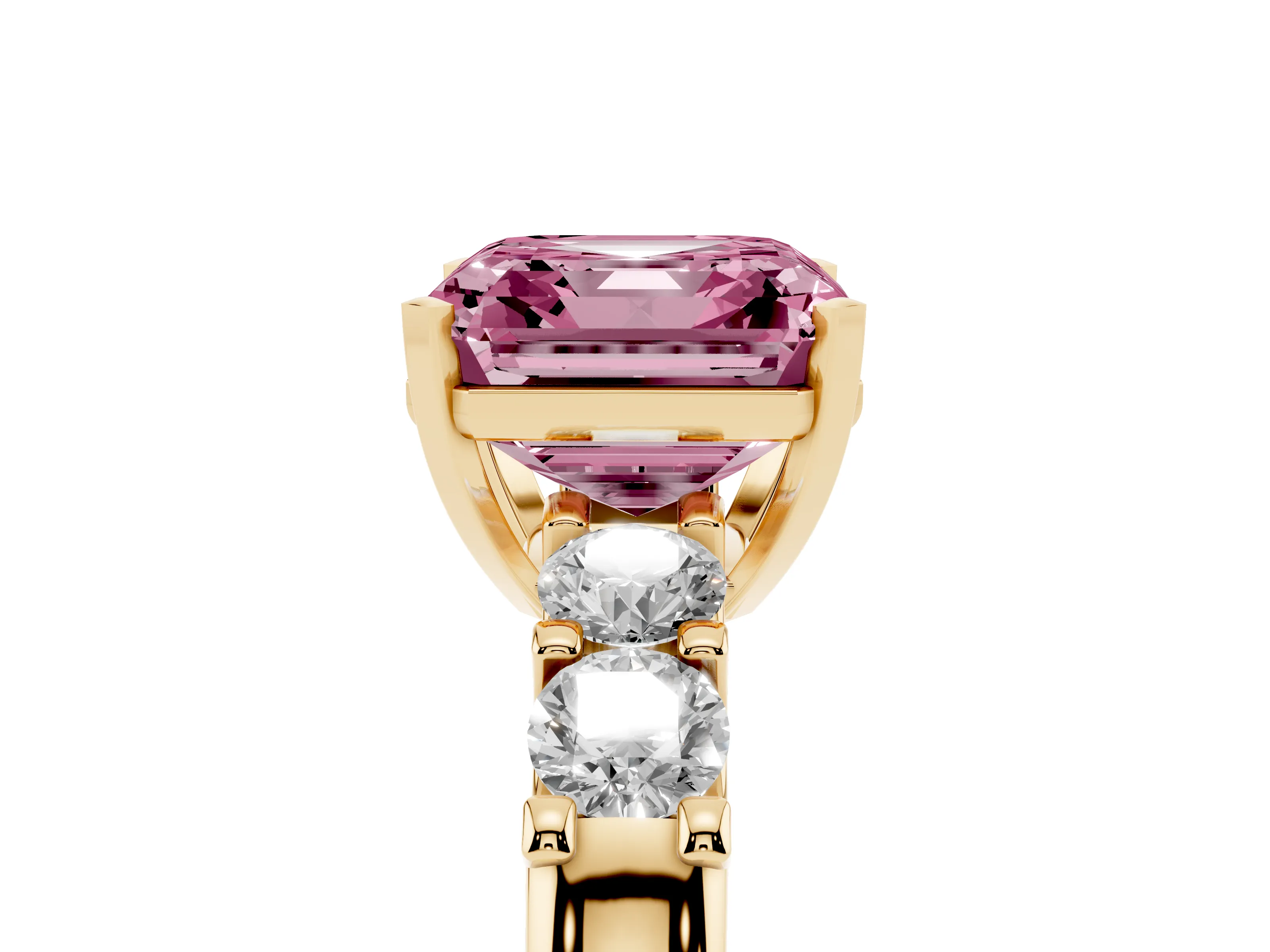 Fancy Pink Asscher Cut Diamond Five-Stone Prong Set Engagement Ring Set in Yellow gold with Channel Band