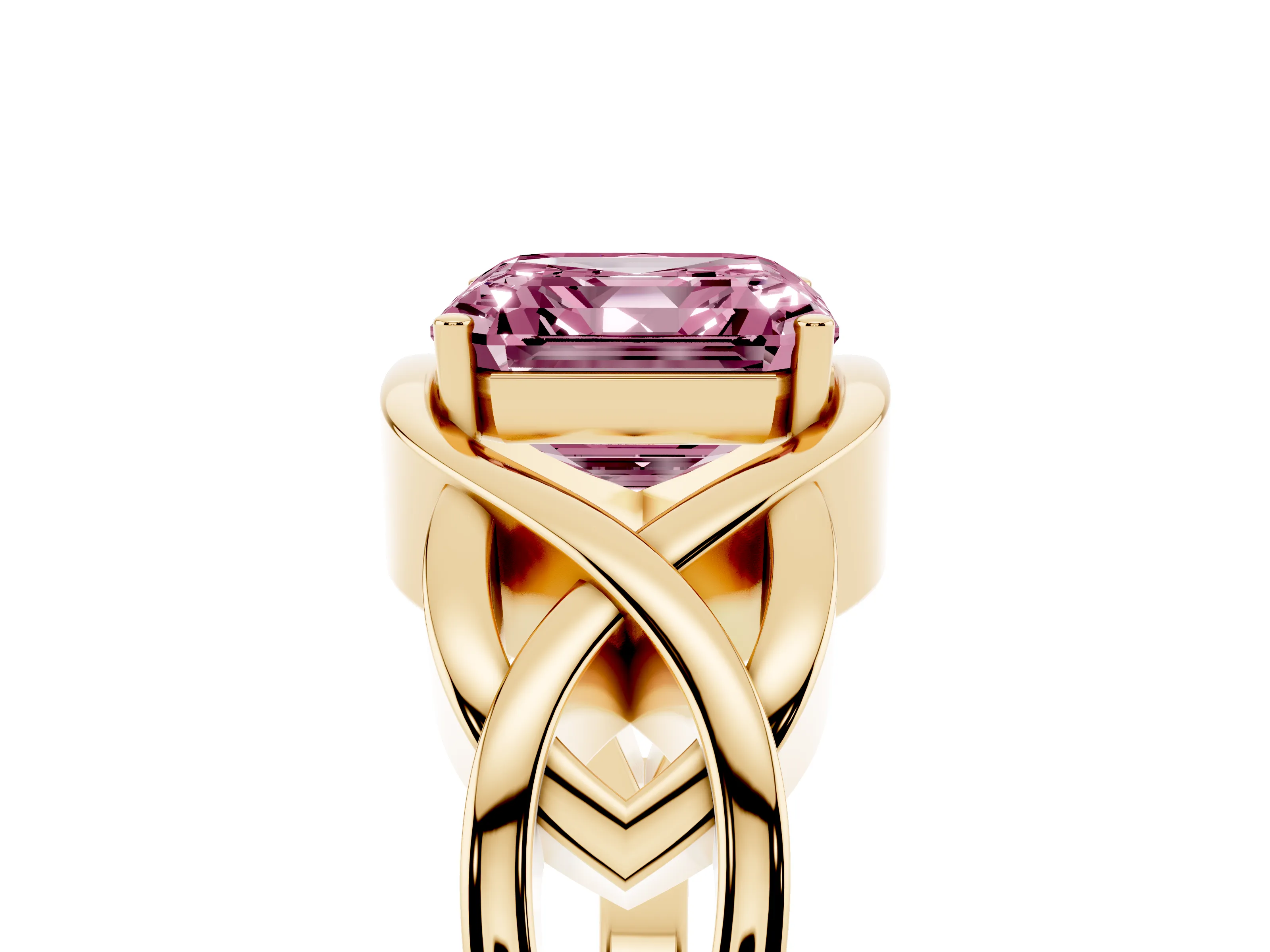 Fancy Pink Asscher Cut Diamond Solitaire Ring Set in Yellow gold with Intertwined Band