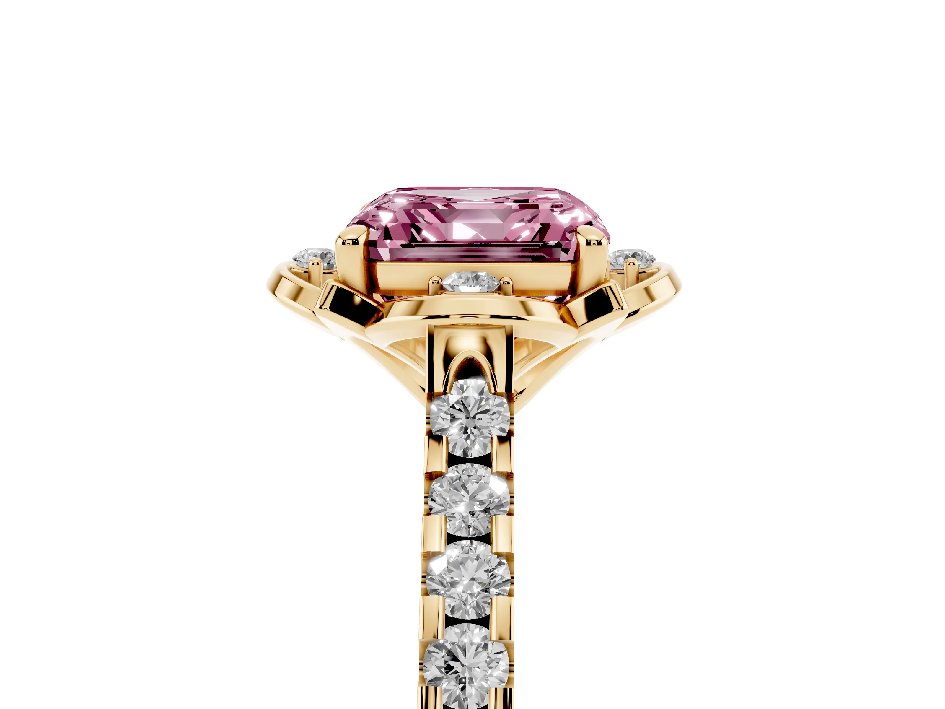 Fancy Pink Asscher Cut Diamond Solitaire Ring Set in Yellow gold with Pavé Band and Floral Prong Setting