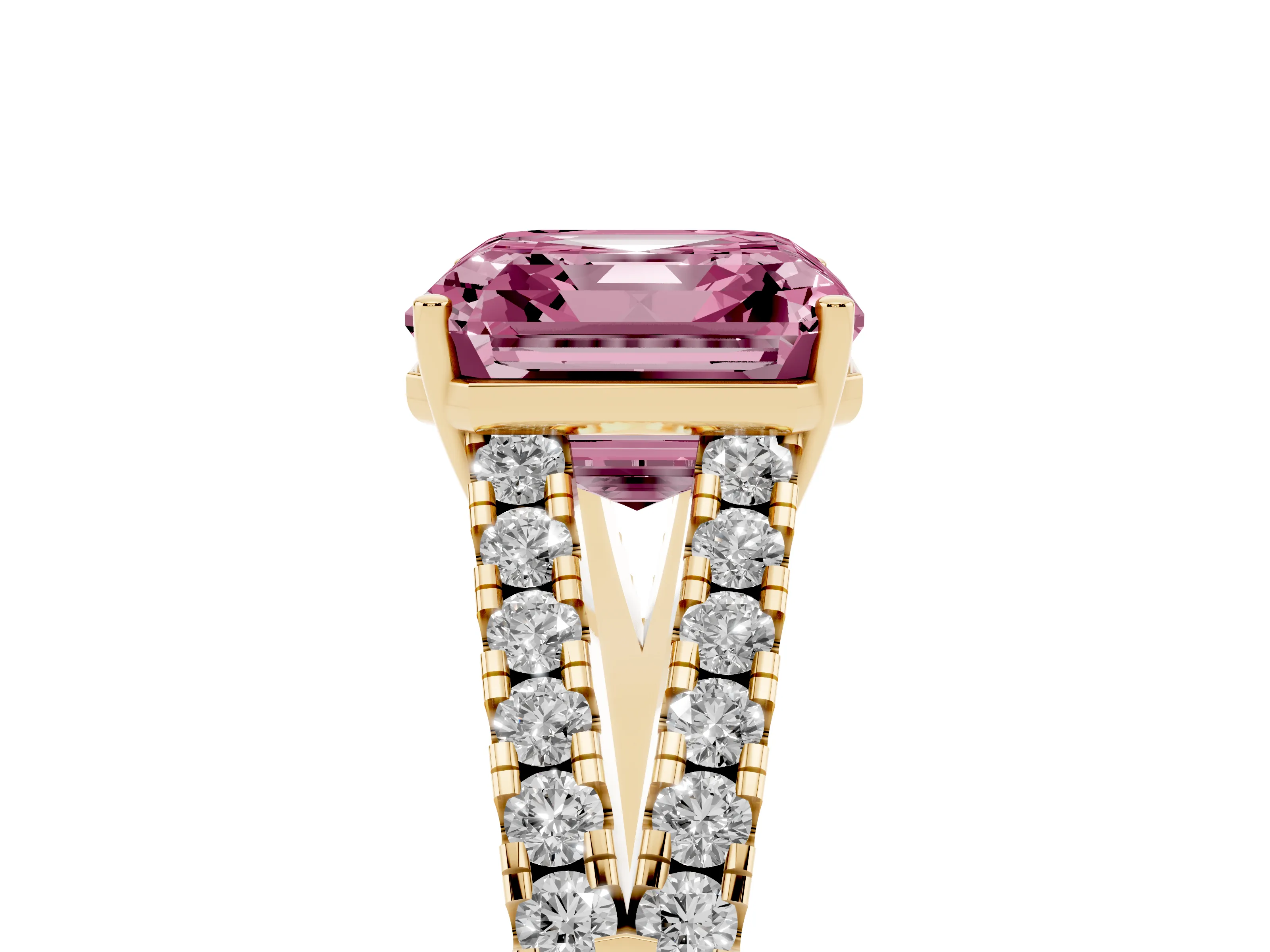 Fancy Pink Asscher Cut Diamond Split Shank Pavé Engagement Ring Set in Yellow gold with Prong-Held Center Stone