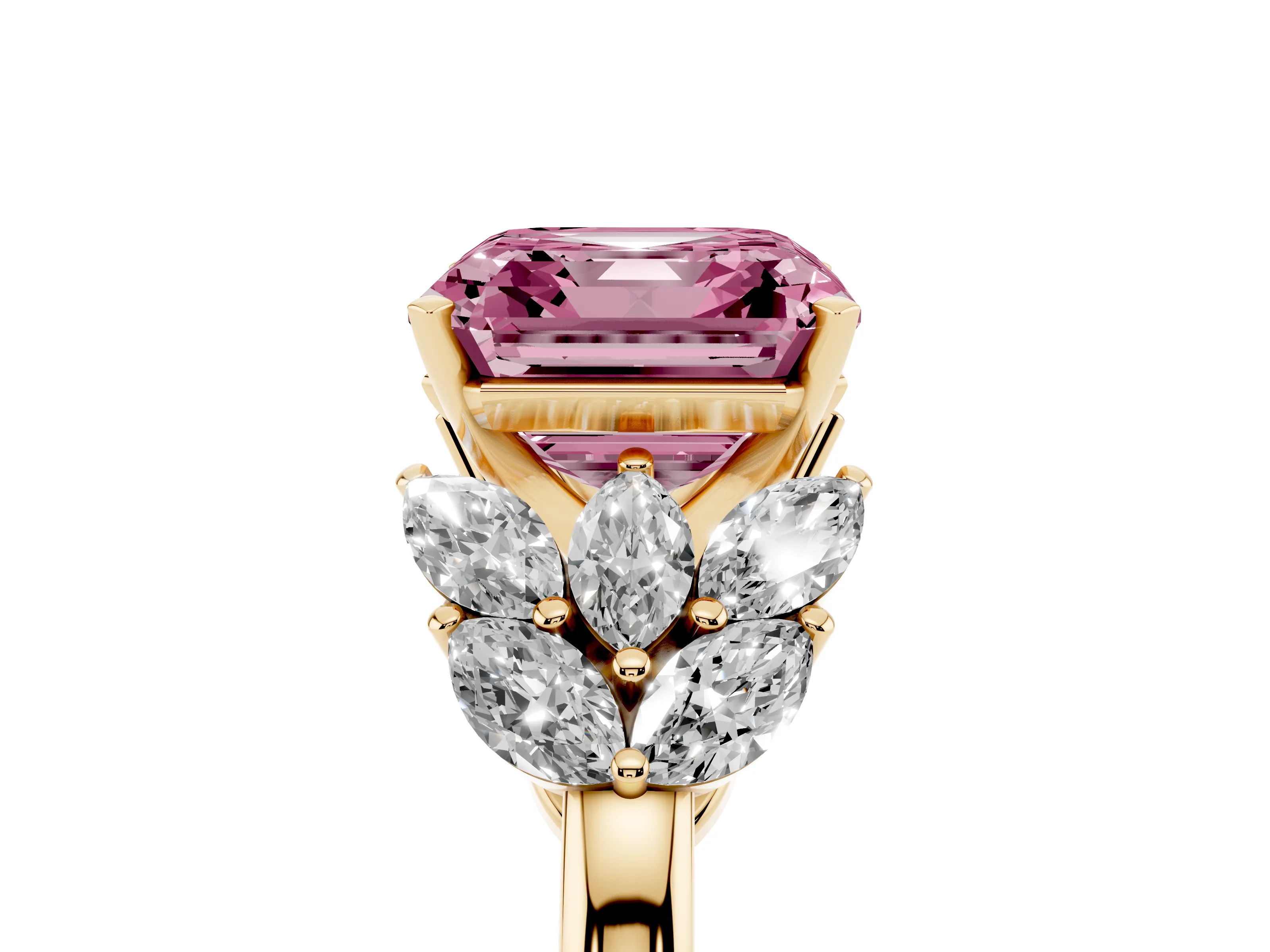 Fancy Pink Asscher Cut Diamond Cluster Leaf Design Ring Set in Yellow gold with Prong Setting