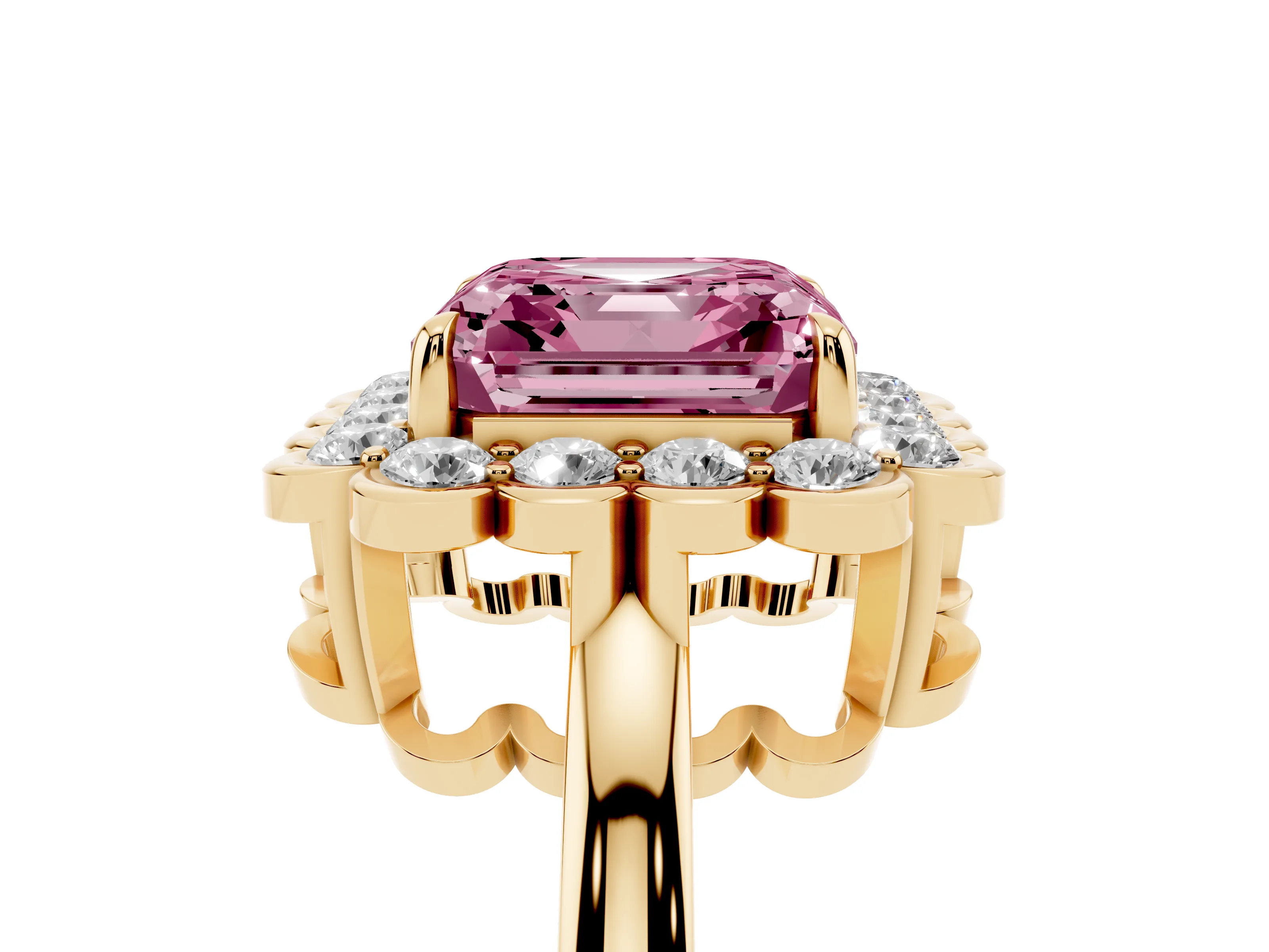 Fancy Pink Asscher Cut Diamond Halo Cluster Engagement Ring Set in Yellow gold with Solitaire Band and Prong Setting