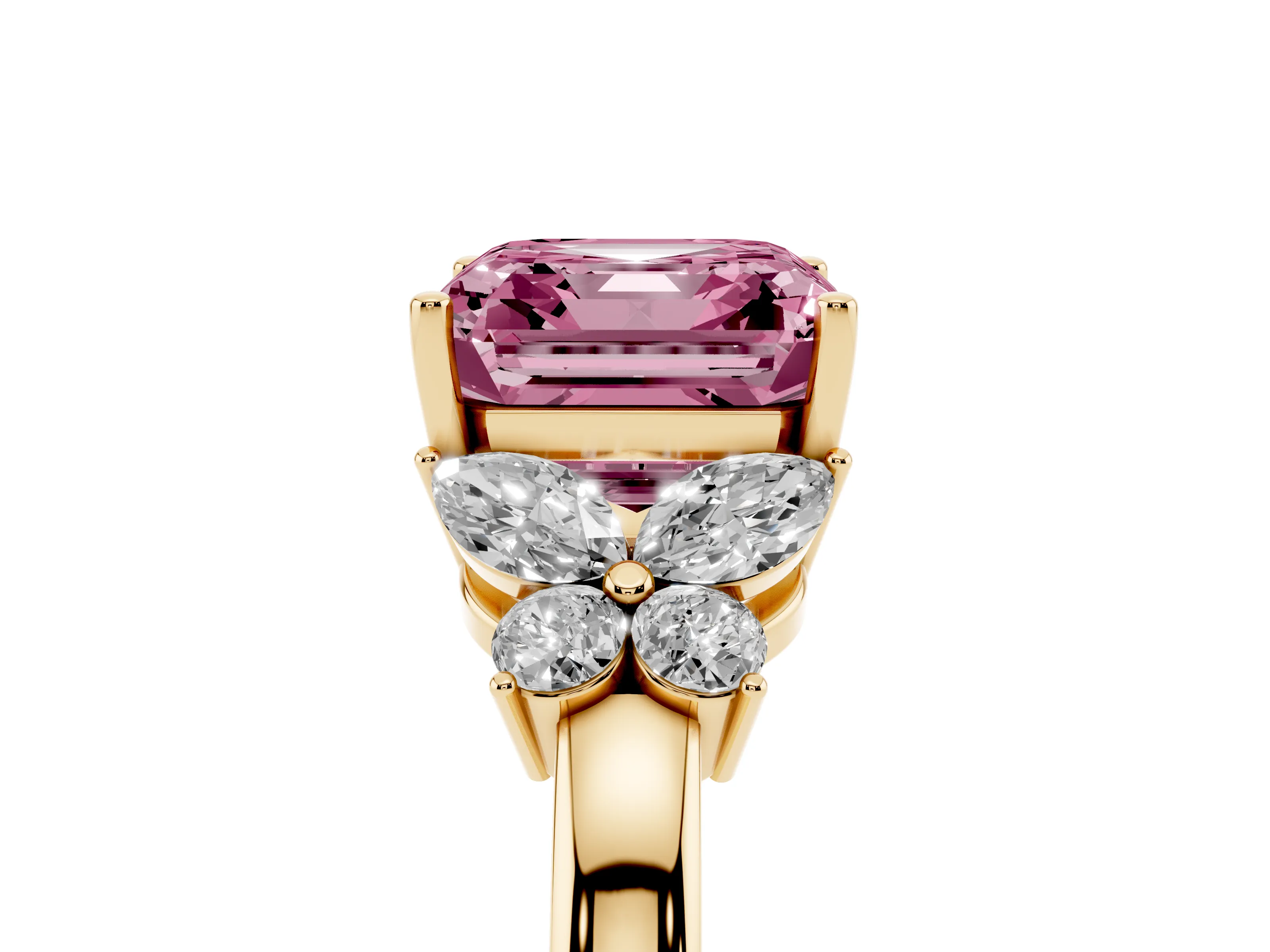 Fancy Pink Asscher Cut Diamond Solitaire Floral Ring Set in Yellow gold with Marquise Petals and Prong Setting