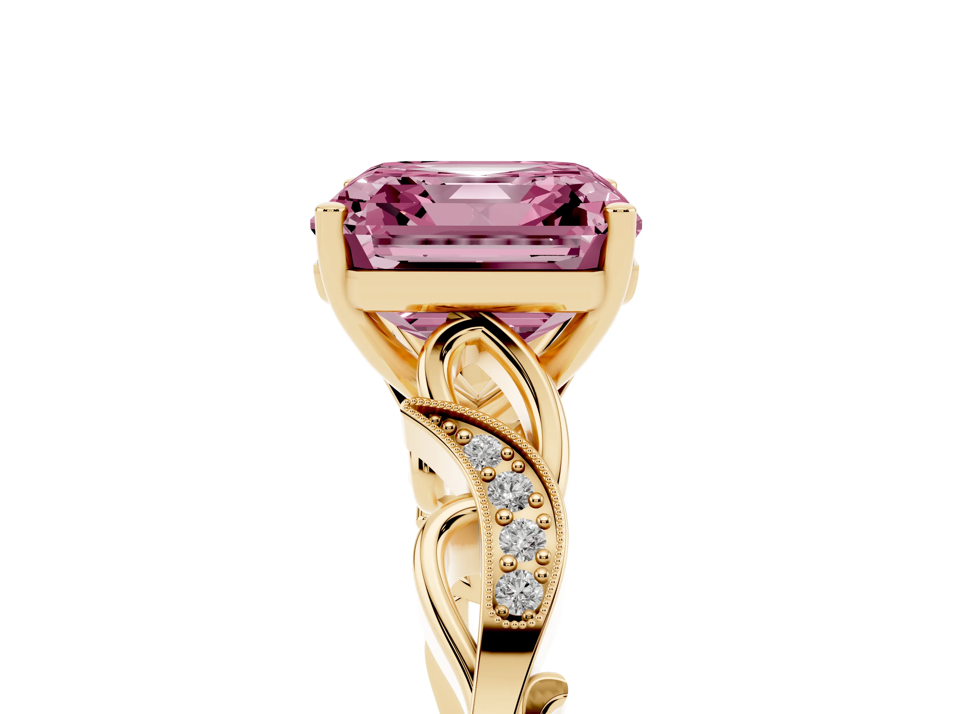 Fancy Pink Asscher Cut Diamond Vine Band Solitaire Ring Set in Yellow gold with Milgrain Prong Setting