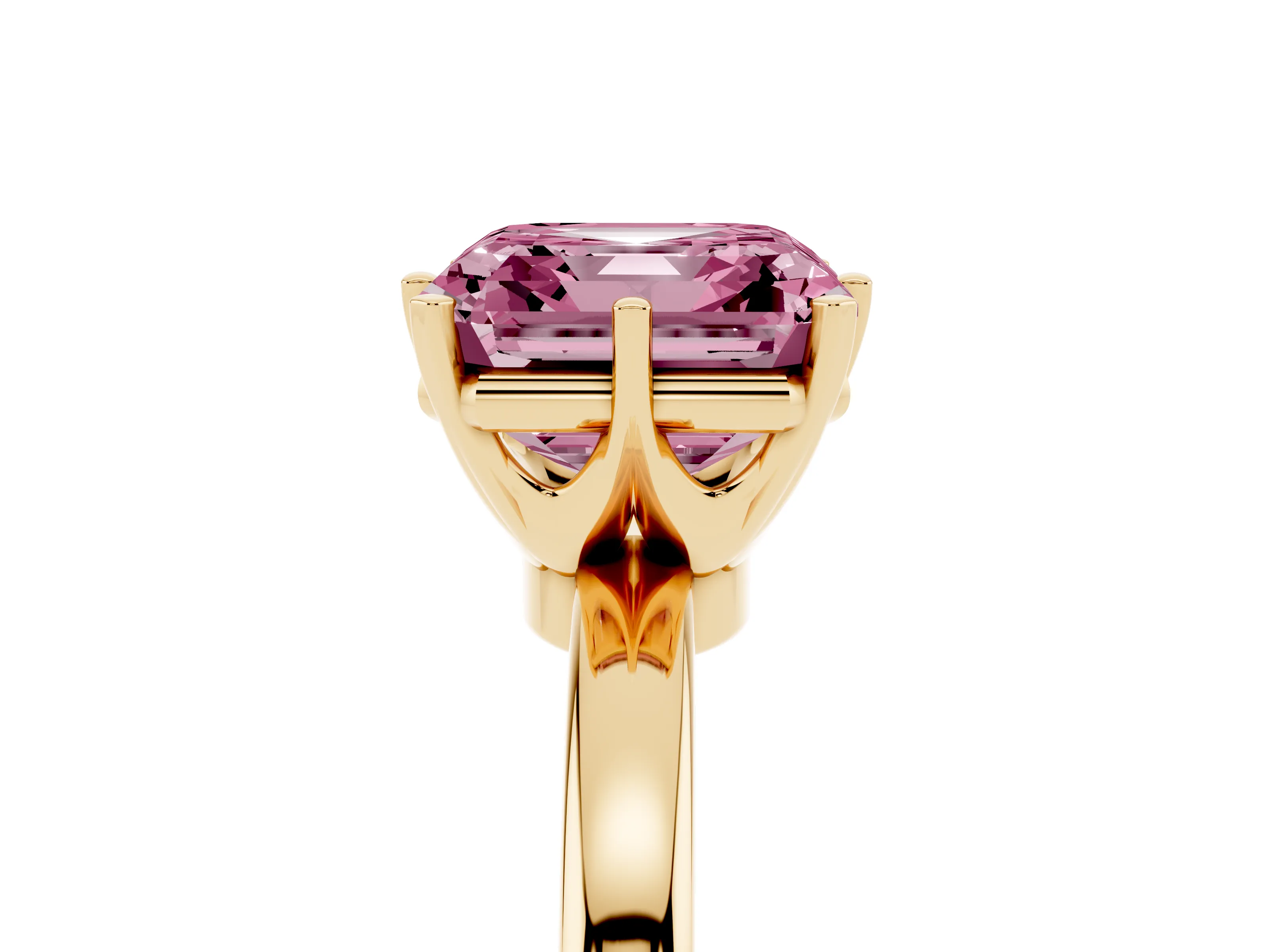 Fancy Pink Asscher Cut Diamond Solitaire Ring Set in Yellow gold with Raised Prong Setting on a Classic Band