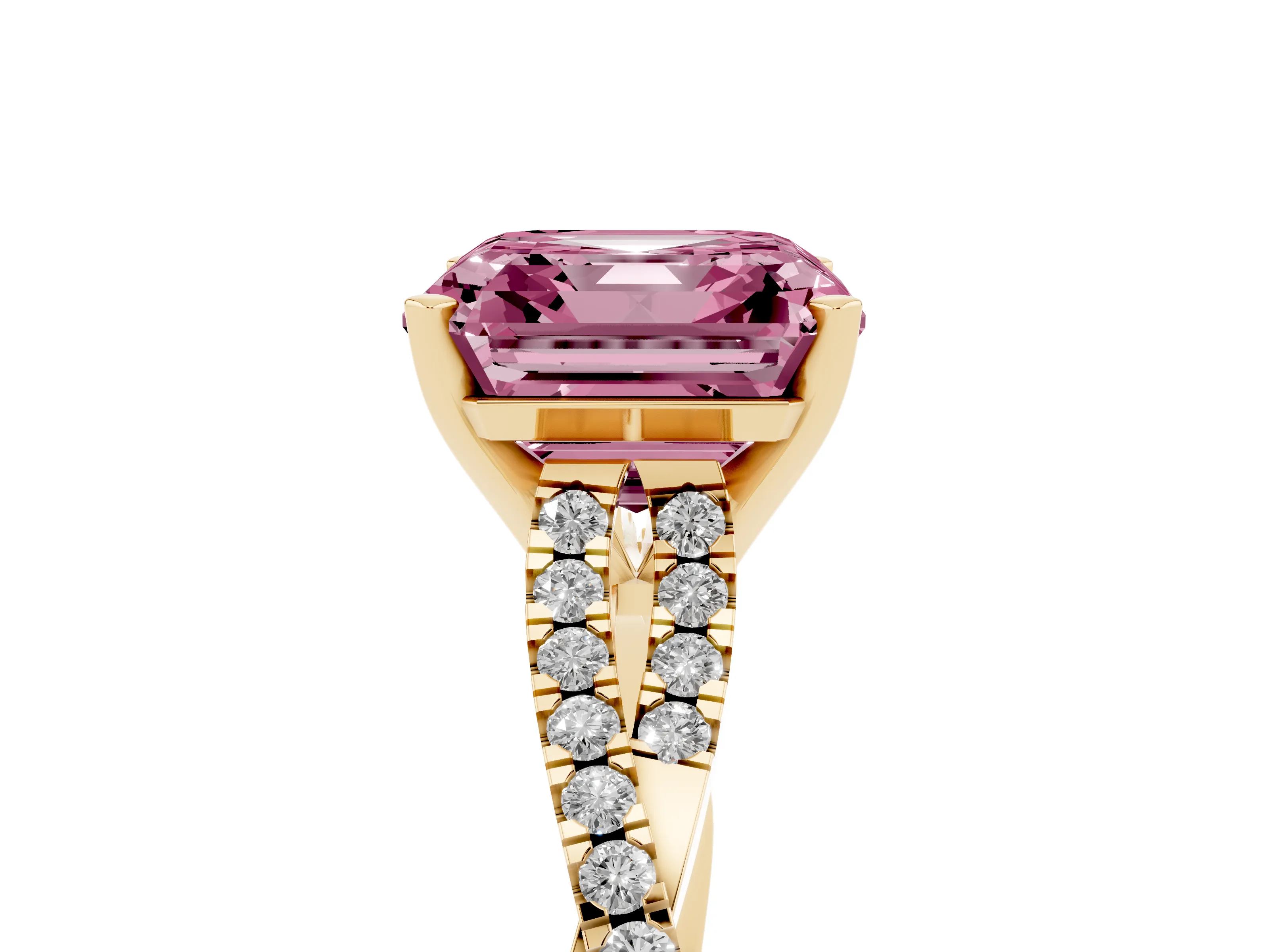 Fancy Pink Asscher Cut Diamond Solitaire Engagement Ring Set in Yellow gold with Twisted Pavé Band and Prong Setting