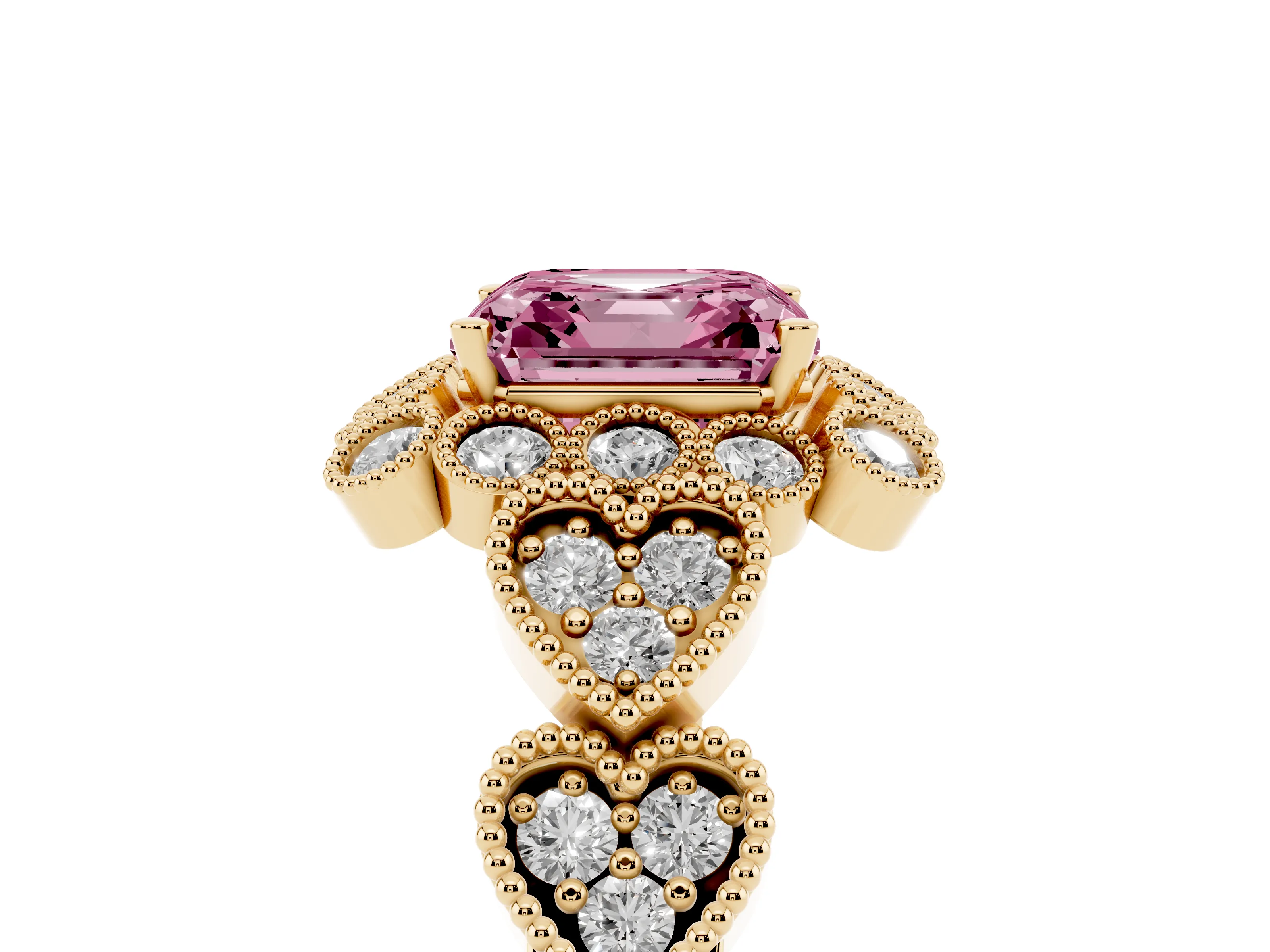 Fancy Pink Asscher Cut Diamond Solitaire Ring Set in Yellow gold with Milgrain Pavé Heart Band