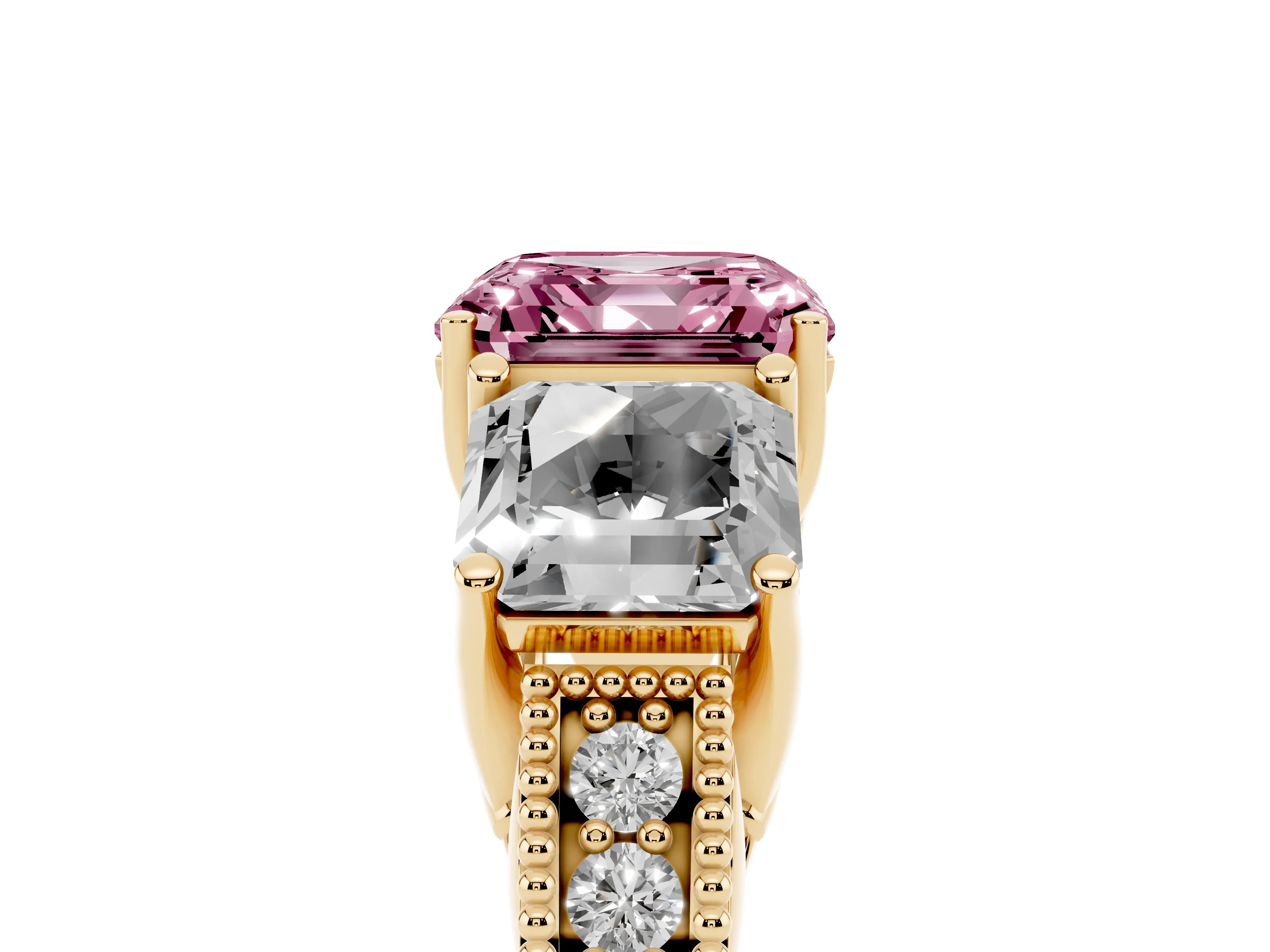 Fancy Pink Asscher Cut Diamond Three-Stone Engagement Ring Set in Yellow gold with Milgrain Pavé Band