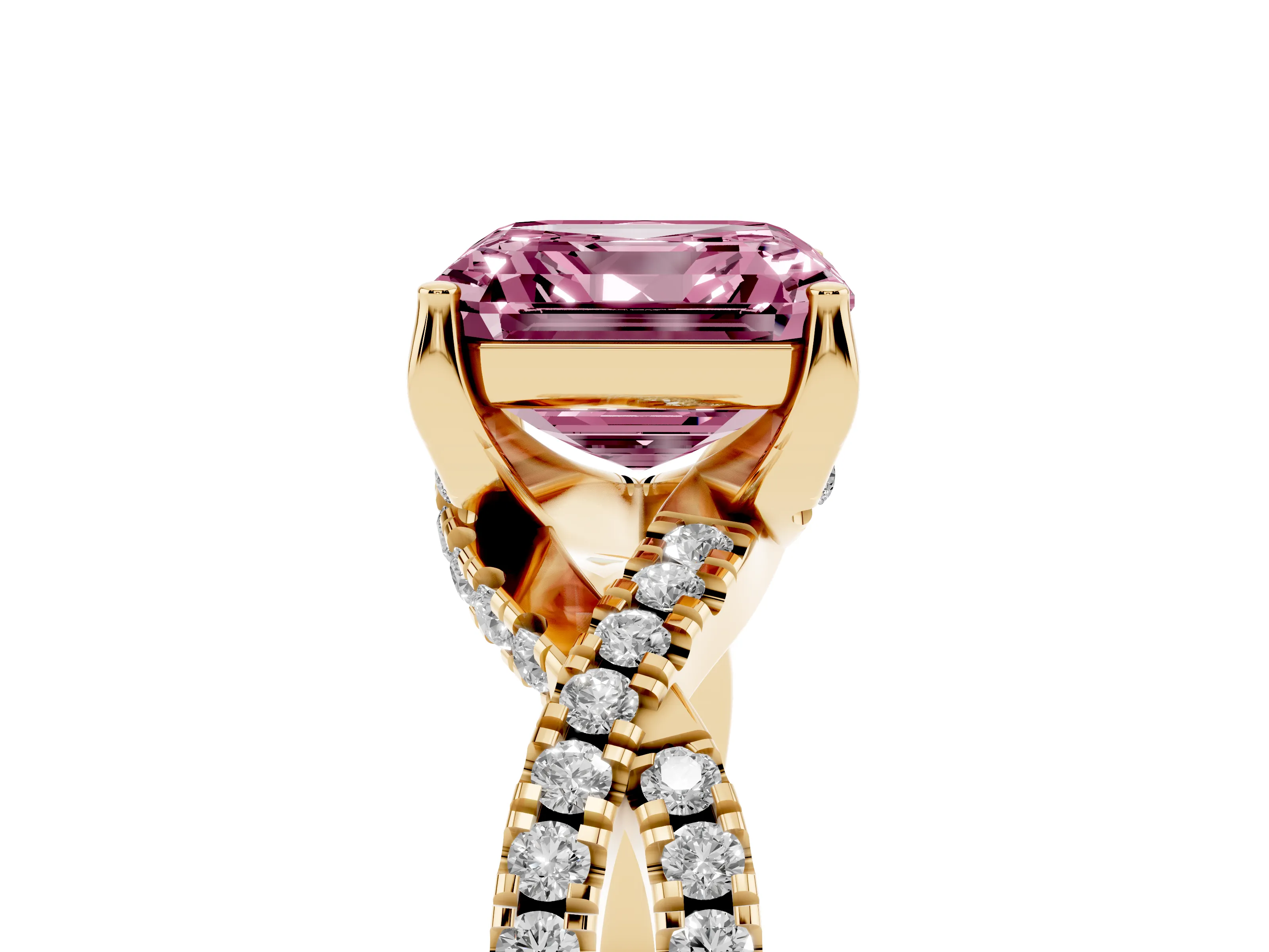 Fancy Pink Asscher Cut Diamond Twist Pavé Solitaire Engagement Ring Set in Yellow gold with Prong Setting