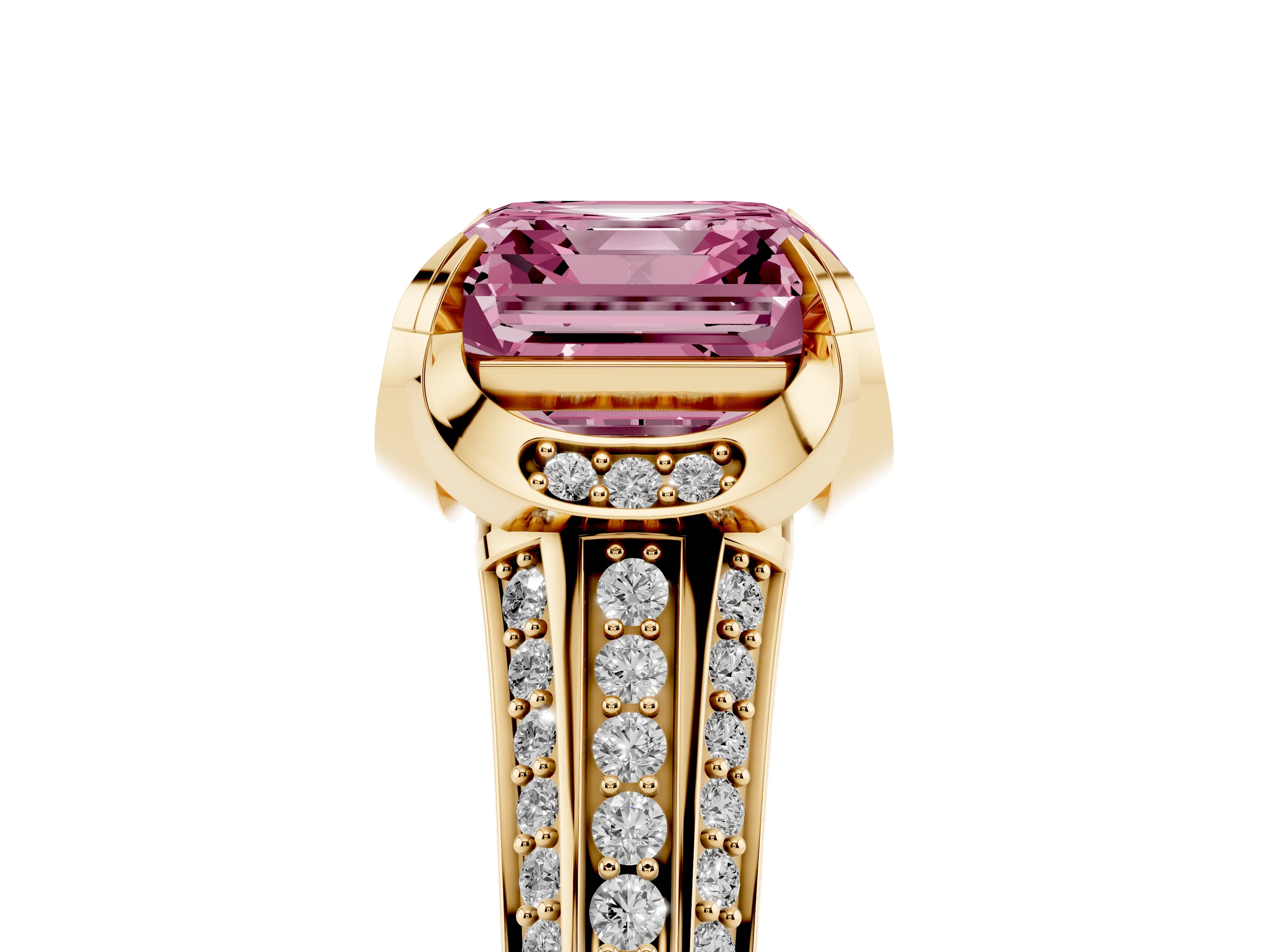 Fancy Pink Asscher Cut Diamond Pavé Split Shank Solitaire Ring Set in Yellow gold with Prong Setting