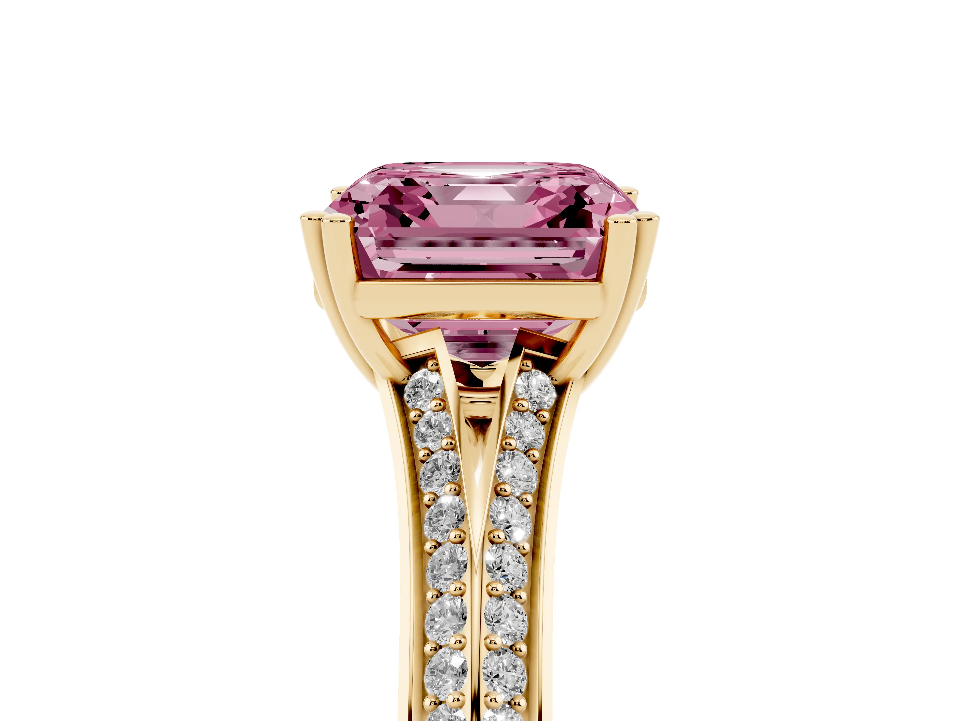 Fancy Pink Asscher Cut Diamond Split Shank Pavé Engagement Ring Set in Yellow gold with Prong-Set Center Stone