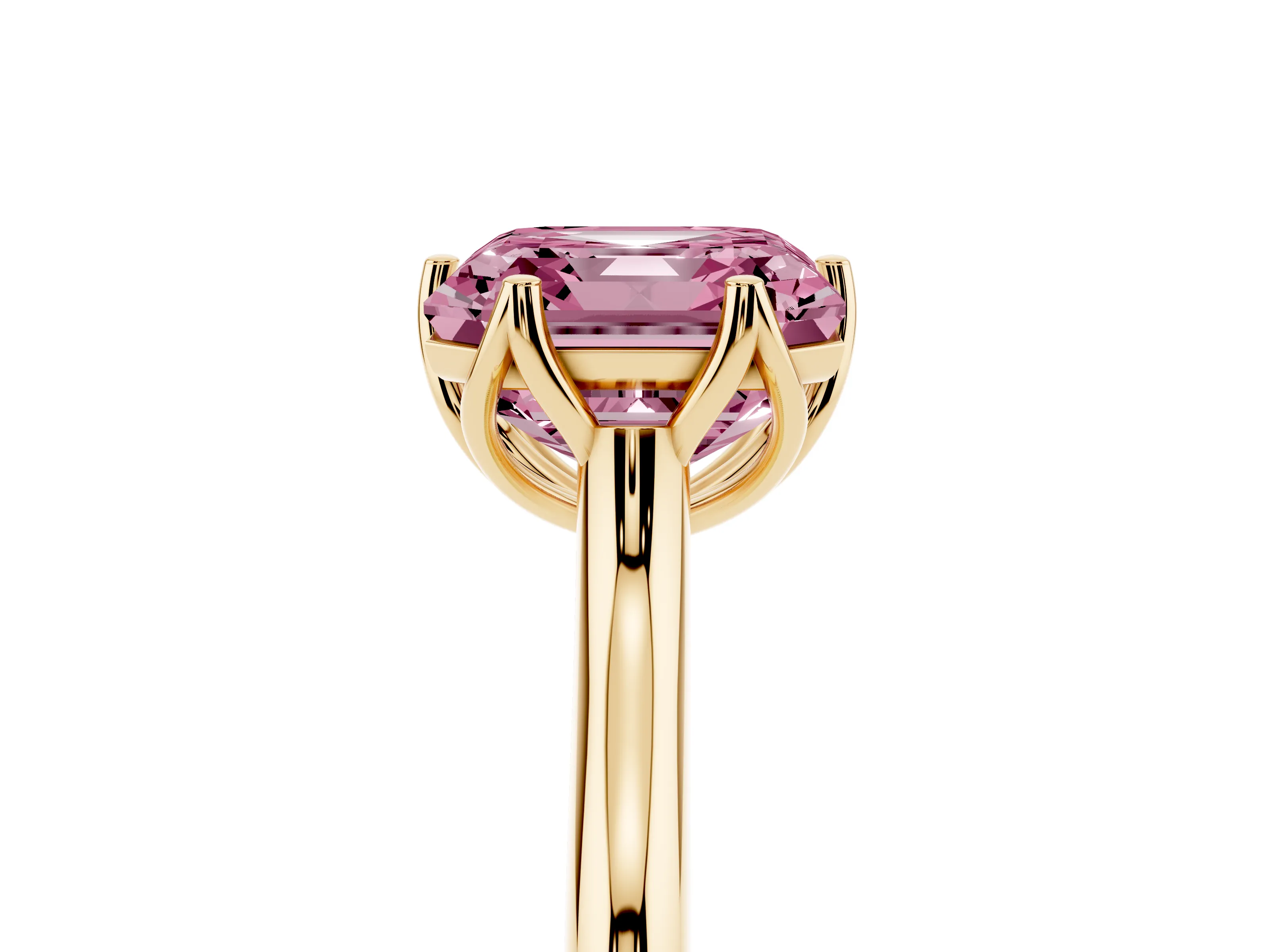 Fancy Pink Asscher Cut Diamond Solitaire Cathedral Ring Set in Yellow gold with Prong Setting
