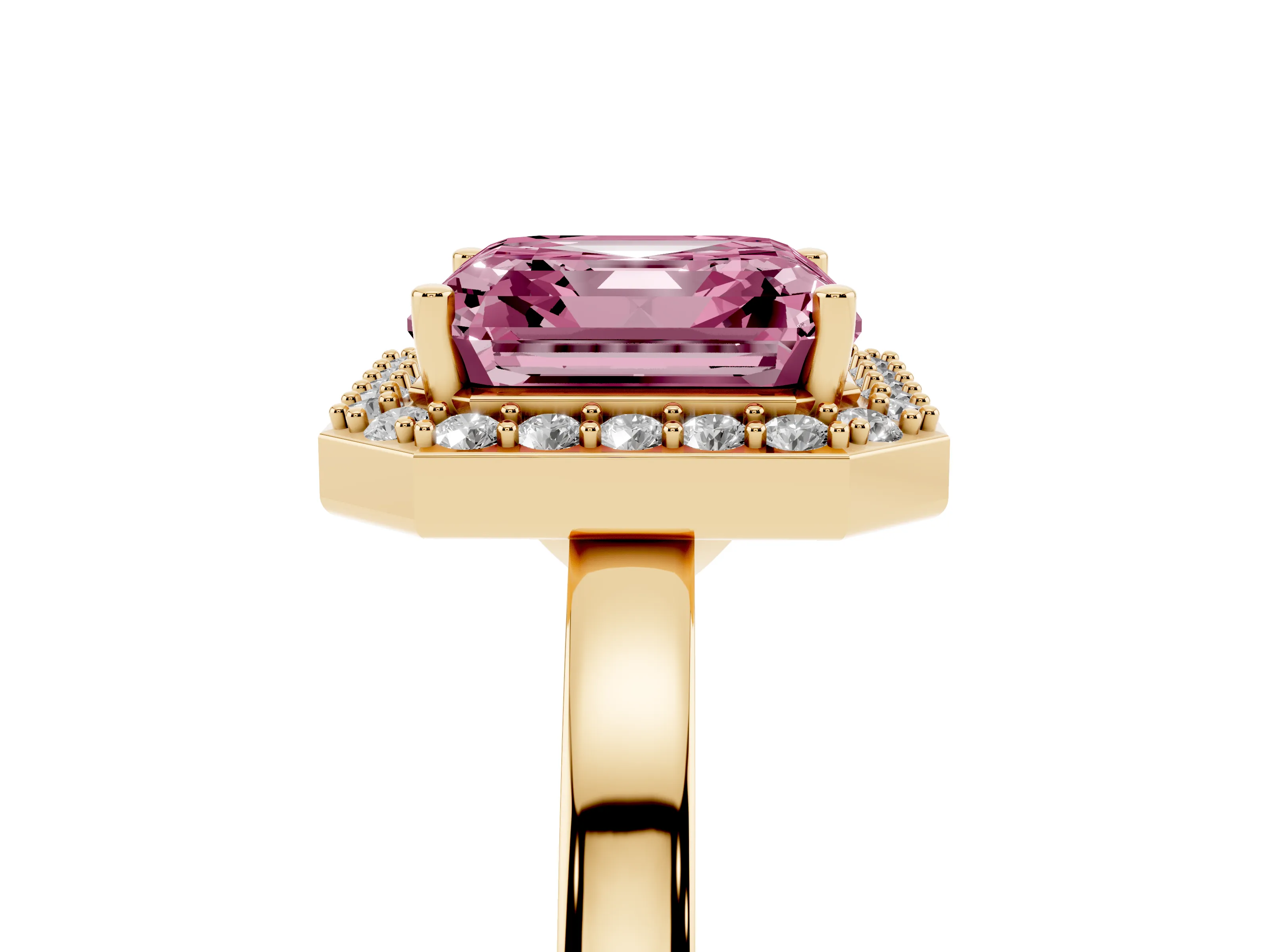 Fancy Pink Asscher Cut Diamond Halo Ring Set in Yellow gold with Solitaire Band and Prong Setting