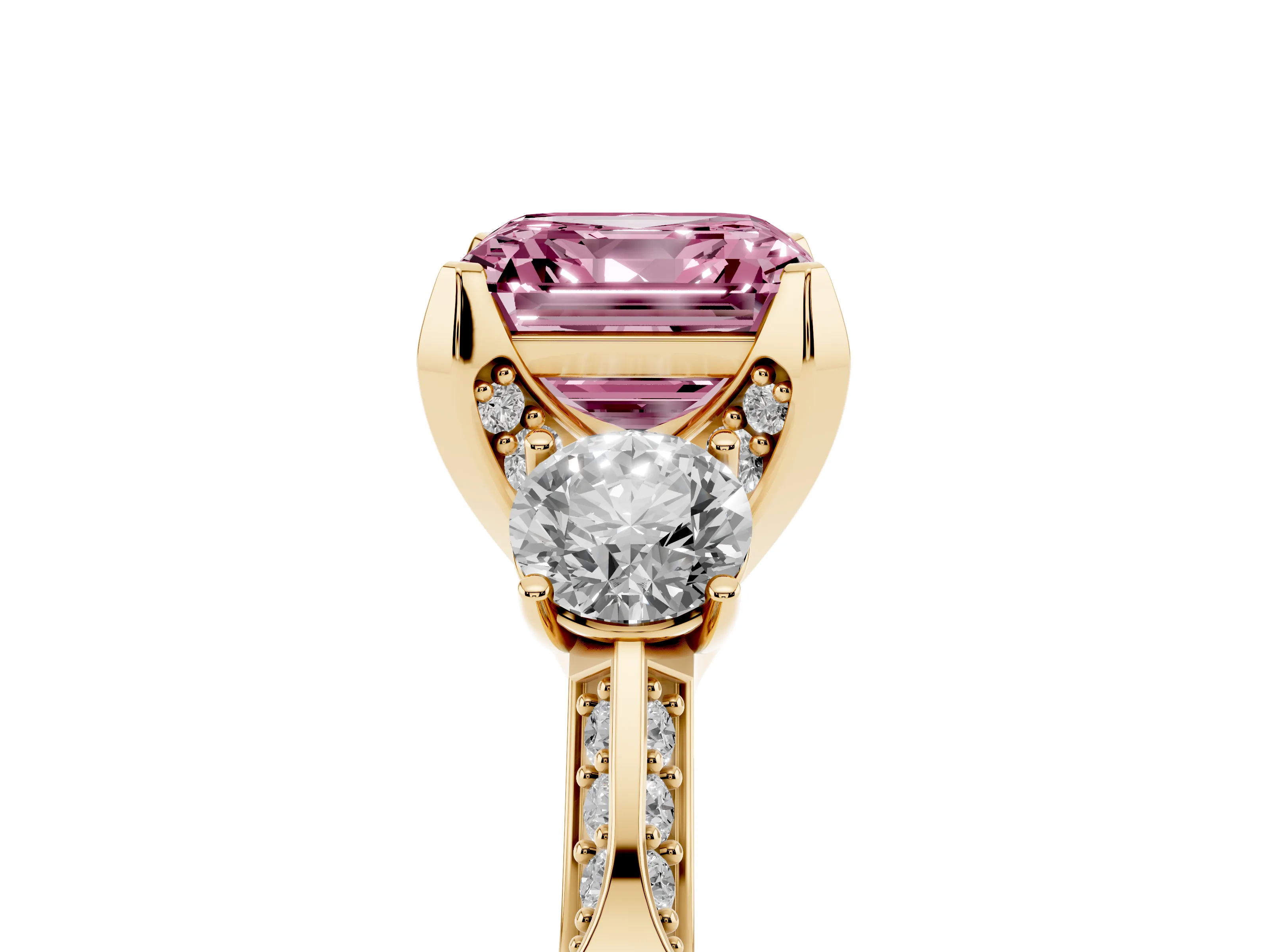 Fancy Pink Asscher Cut Diamond Three-Stone Ring Set in Yellow gold with Pavé Band and Smaller Side Stones
