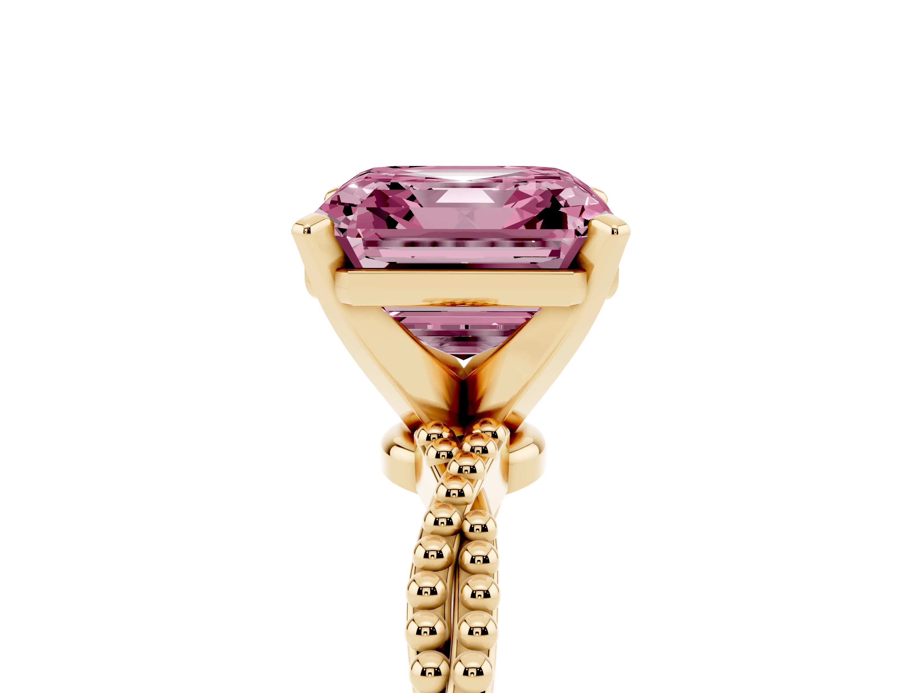Fancy Pink Asscher Cut Diamond Solitaire Ring Set in Yellow gold with Twisted Band and Bead Prong Setting