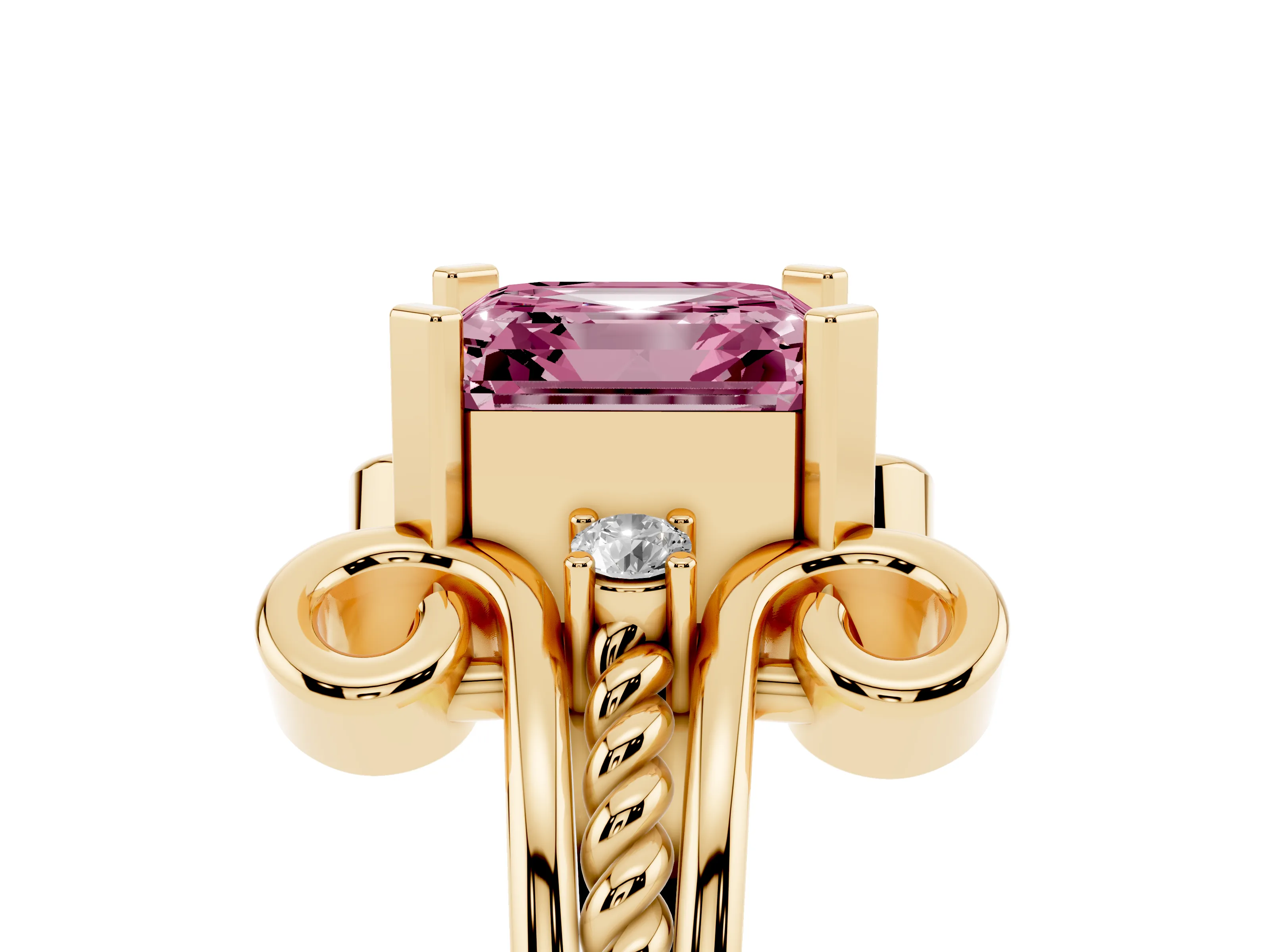Fancy Pink Asscher Cut Diamond Twisted Band Solitaire Ring Set in Yellow gold with Scroll Prongs