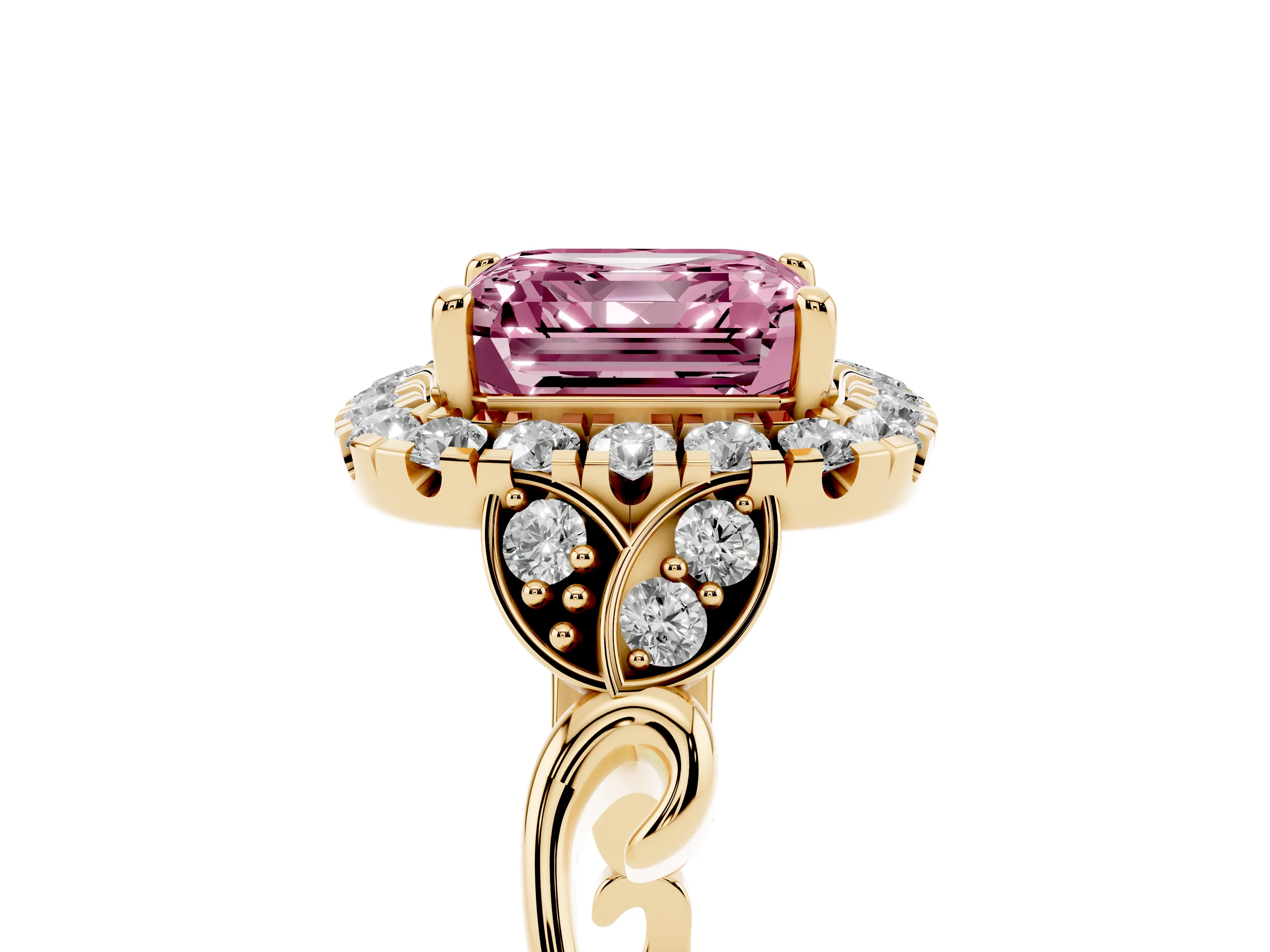 Fancy Pink Asscher Cut Diamond Halo Engagement Ring Set in Yellow gold with Vintage-Inspired Band and Prong Setting