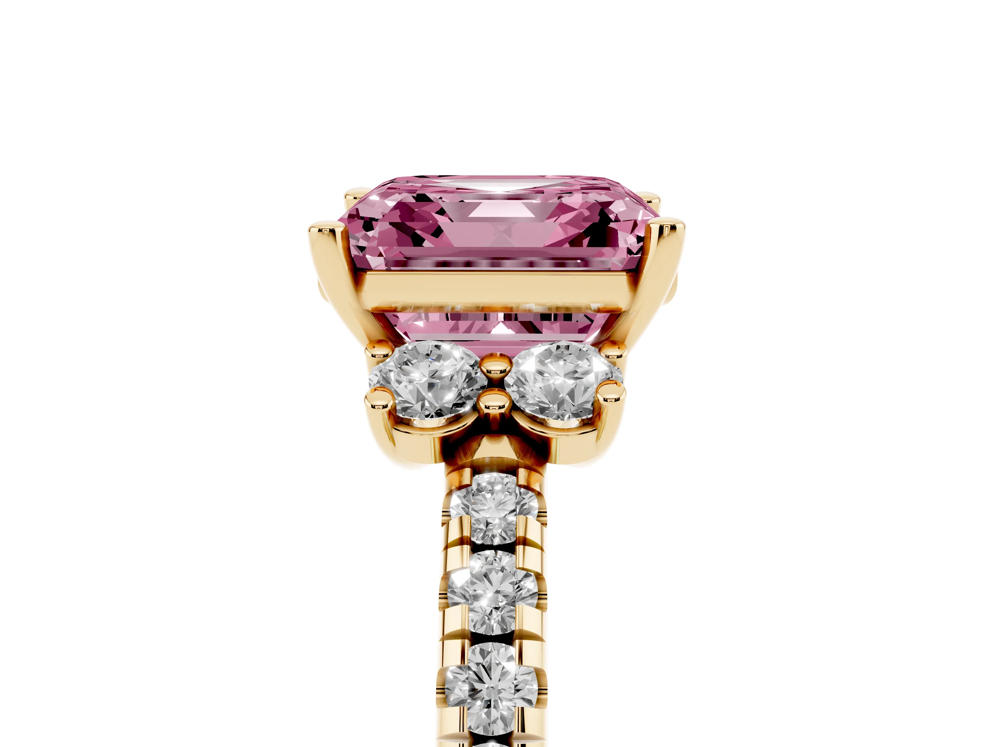 Fancy Pink Asscher Cut Diamond Three-Stone Pavé Ring Set in Yellow gold with Prong Setting
