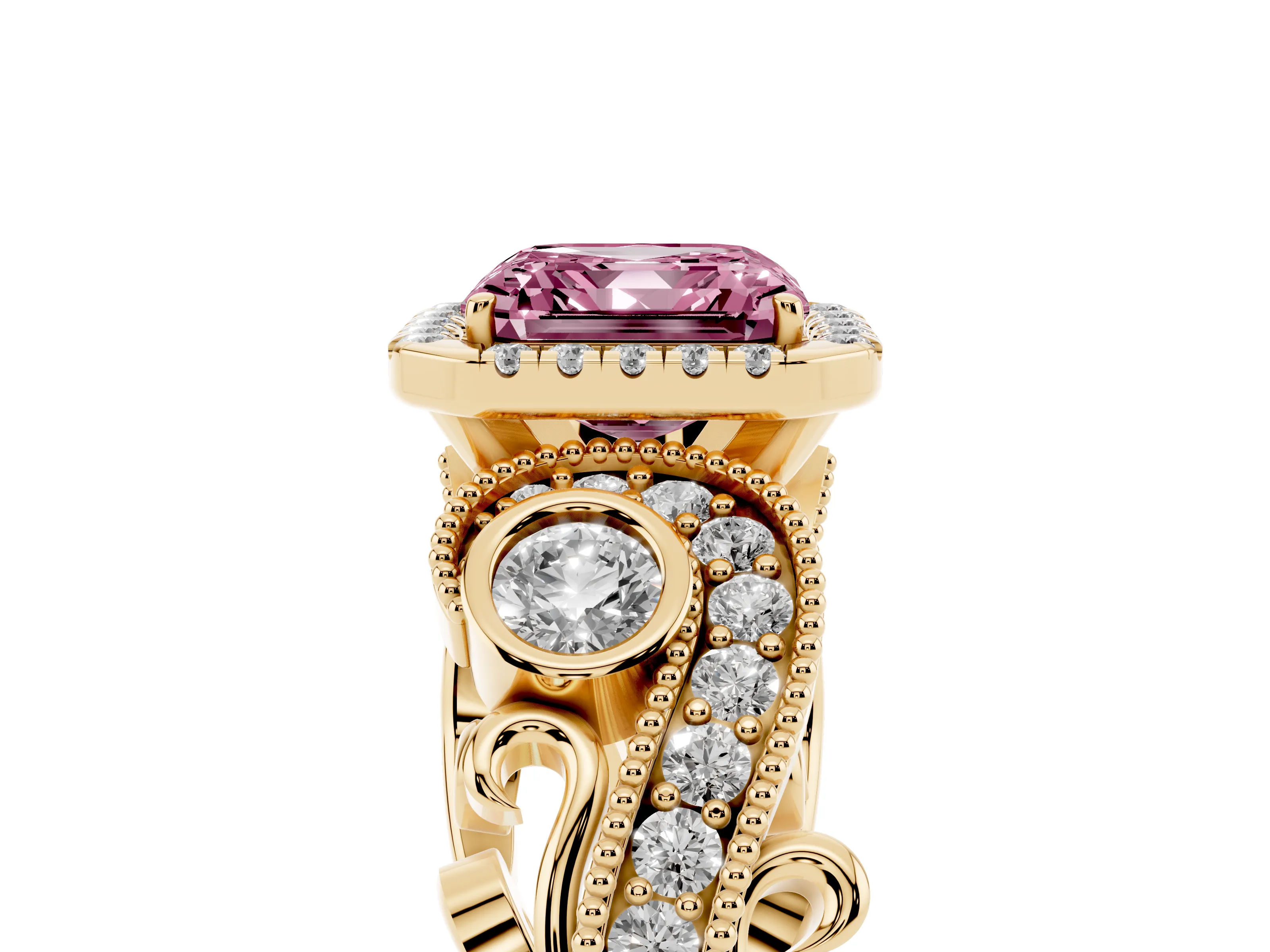 Asscher Cut Halo Engagement Ring Setting for a Fancy Pink Lab-Grown Diamond | Yellow Gold - Design NV-24754
