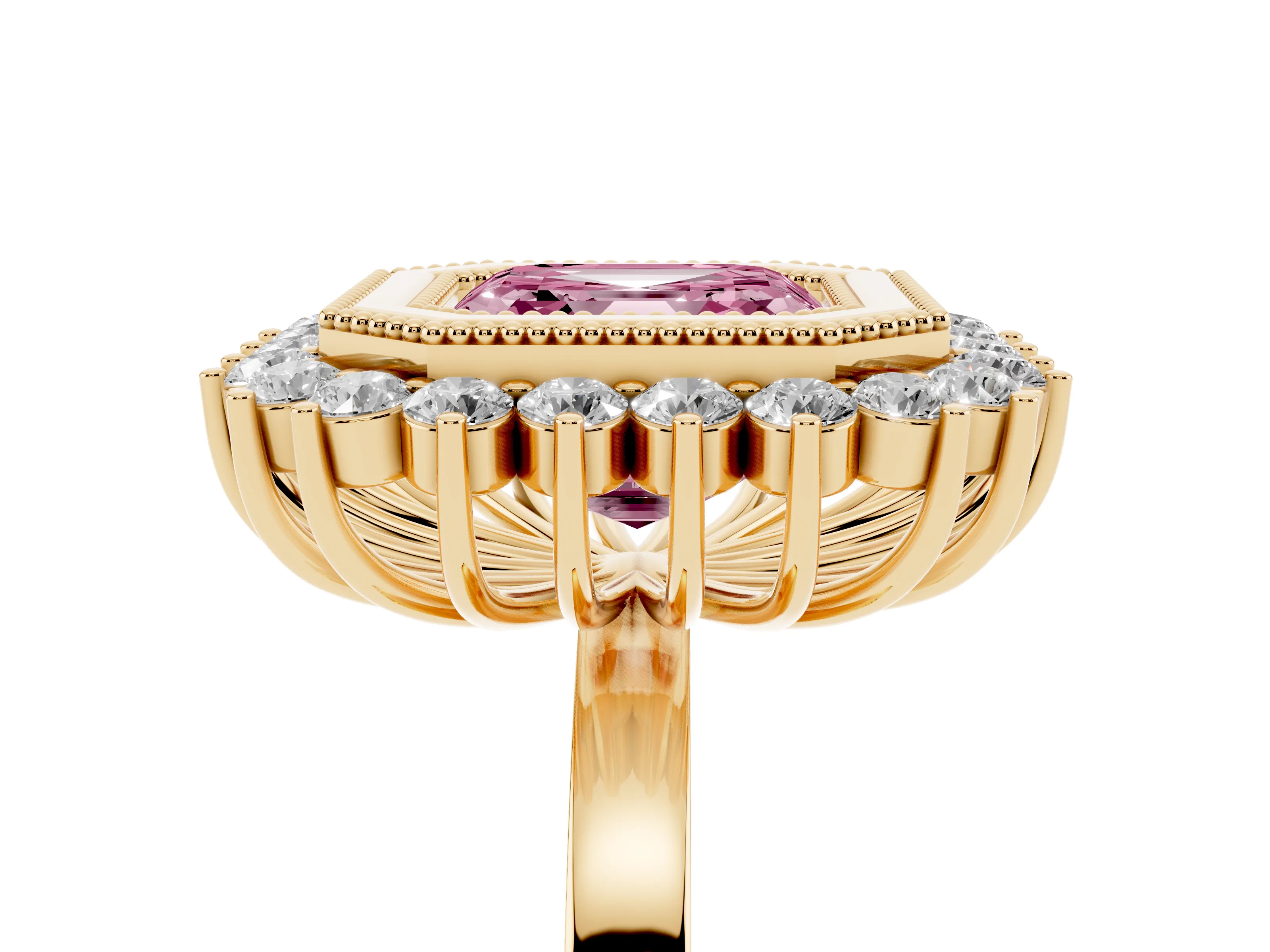Fancy Pink Asscher Cut Diamond Halo Ring Set in Yellow gold with Milgrain Edge and Round Prong Setting