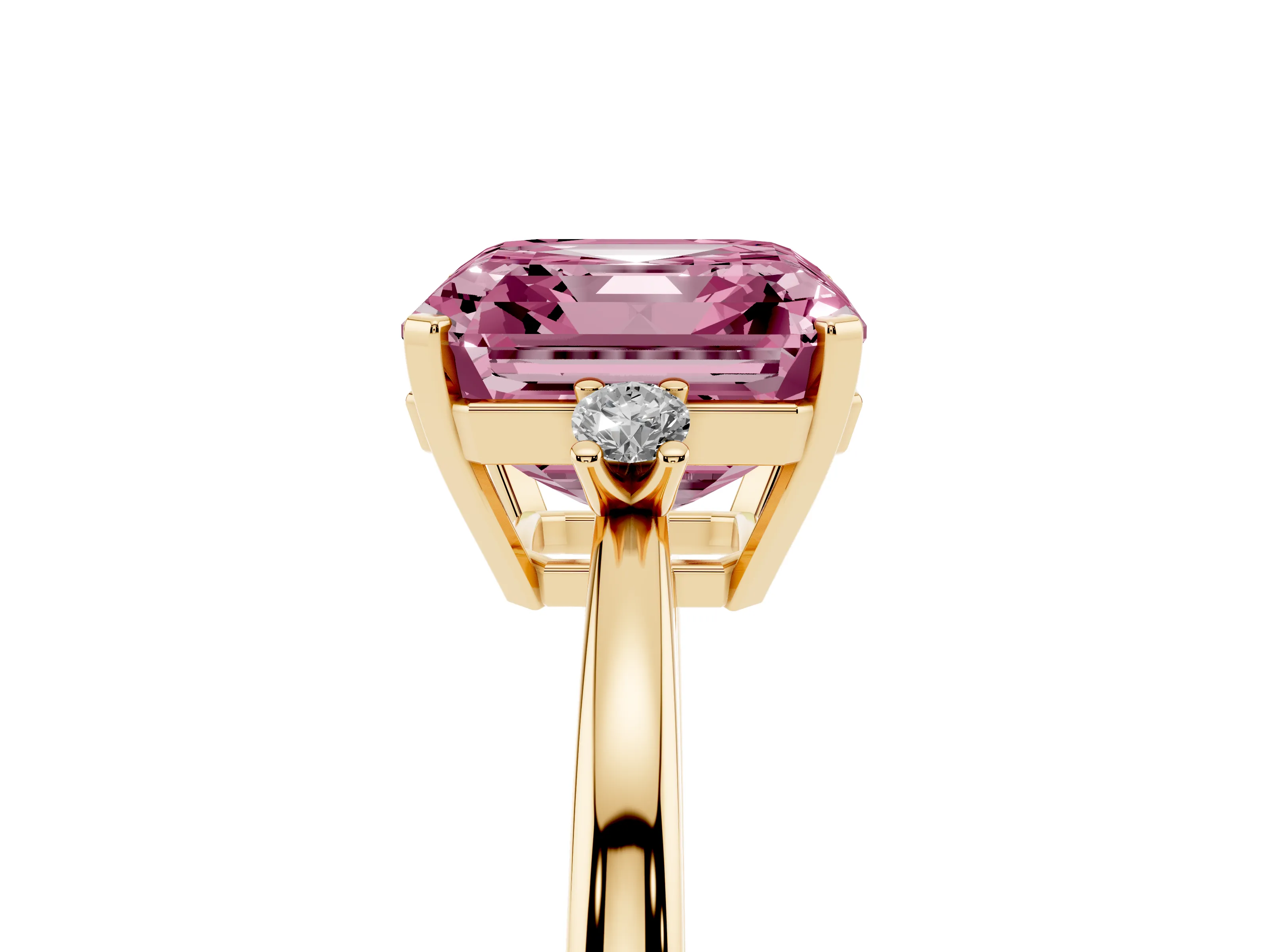 Fancy Pink Three-Stone Asscher Cut Diamond Solitaire Ring Set in Yellow gold with Round Accent Stones and Prong Setting